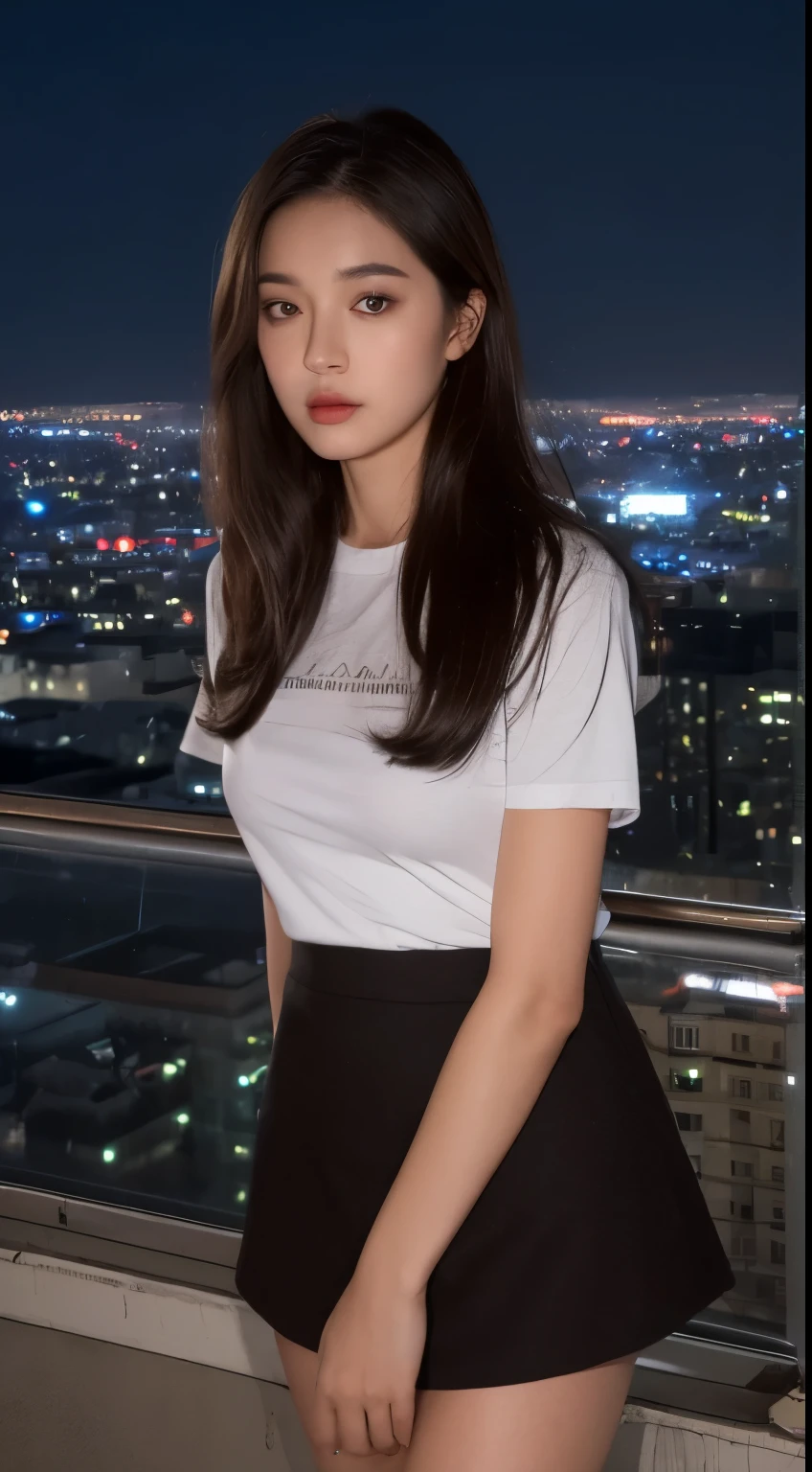 ((Midnight, Best quality, 8k, Masterpiece :1.3)), Whole body, Long legs, Sharp focus :1.2, A pretty woman with perfect figure :1.4, Slender abs :1.1, ((Dark brown hair, Big breasts :1.2)), (White thin tight tshirt, super mini skirt, Standing:1.2), (Skirt lift up, exposed my pussy) (Bare breast), (Nipple patch), ((Night city view, Rooftop:1.3)), Highly detailed face and skin texture, Detailed eyes, Double eyelid
