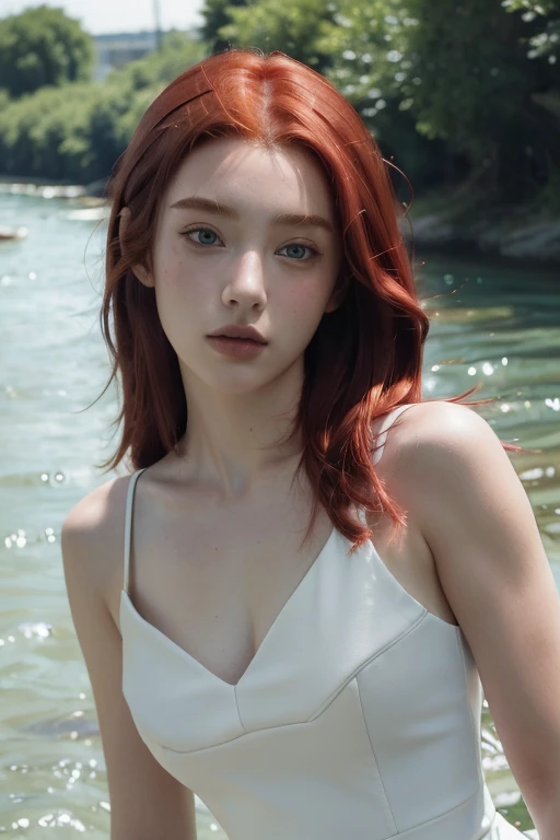 ( masterpiece, top quality, best quality,8k, girl,ultra detailed,raw photo:1.5),(photorealistic:1.4), (red hair:1.5), (cinematic lighting), PerfectNwsjMajic, , Surrealism, UHD, ccurate, Super detail, textured skin, High detail, Best quality, dynamic angle, White skin,[Beautiful blue eyes], high nose,[flat chest:large breasts:0.5],(1girl),(good anatomy:0.5)),(outside,river, portrait:1.5),white dress