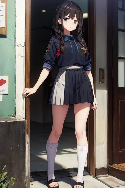 master piece ，full body figure、standing exactly, Toes on the feet、17 year old high school girl、beautiful woman、sexy pose、Kibito Hai , mini skirt, pleated skirt, put your hand on your waist,black knee high socks
