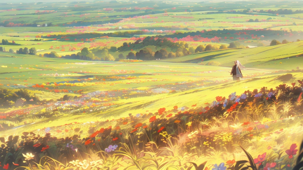 ((highest quality, super detailed,:1.3)),(White hair,elfs ear,green eyes,shining eyes,long hair,twin tail:1.2),Flower Meadow,castle, (landscape photography:1.2), (highly detailed background:1.2),(full body:1.3)