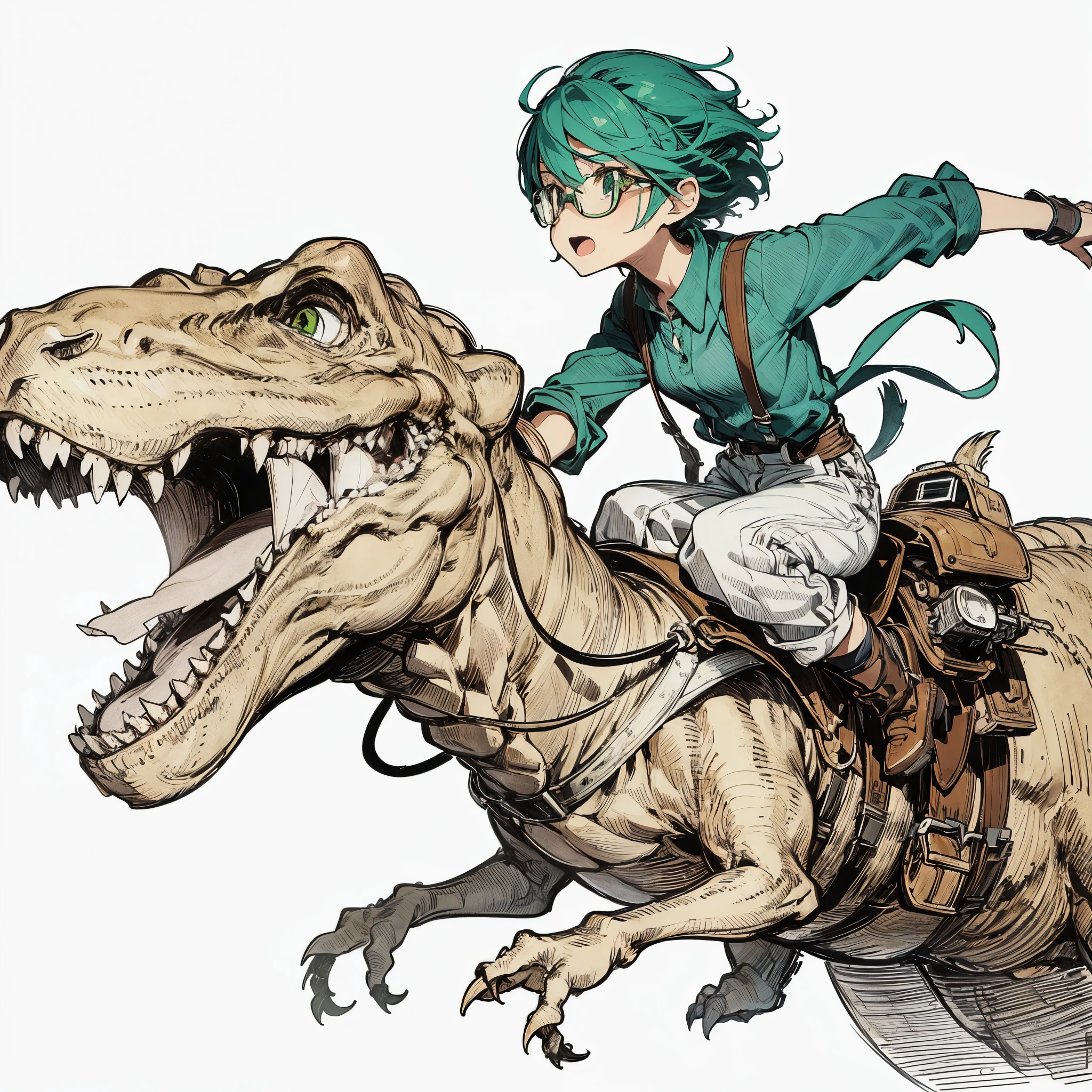 Create a line drawing of a character using pen art style, now depicted riding a dinosaur. The character should be dynamically positioned atop a T-Rex, maintaining a look of thrill and excitement. The character retains their intricately detailed green hair, blue shirt, suspenders, and steampunk glasses. The dinosaur should be drawn with a sense of power and prehistoric might, incorporating clean strokes and hatching for shading to give a traditional pen-drawn feel, capturing the essence of a hand-drawn manga illustration with an adventurous twist.