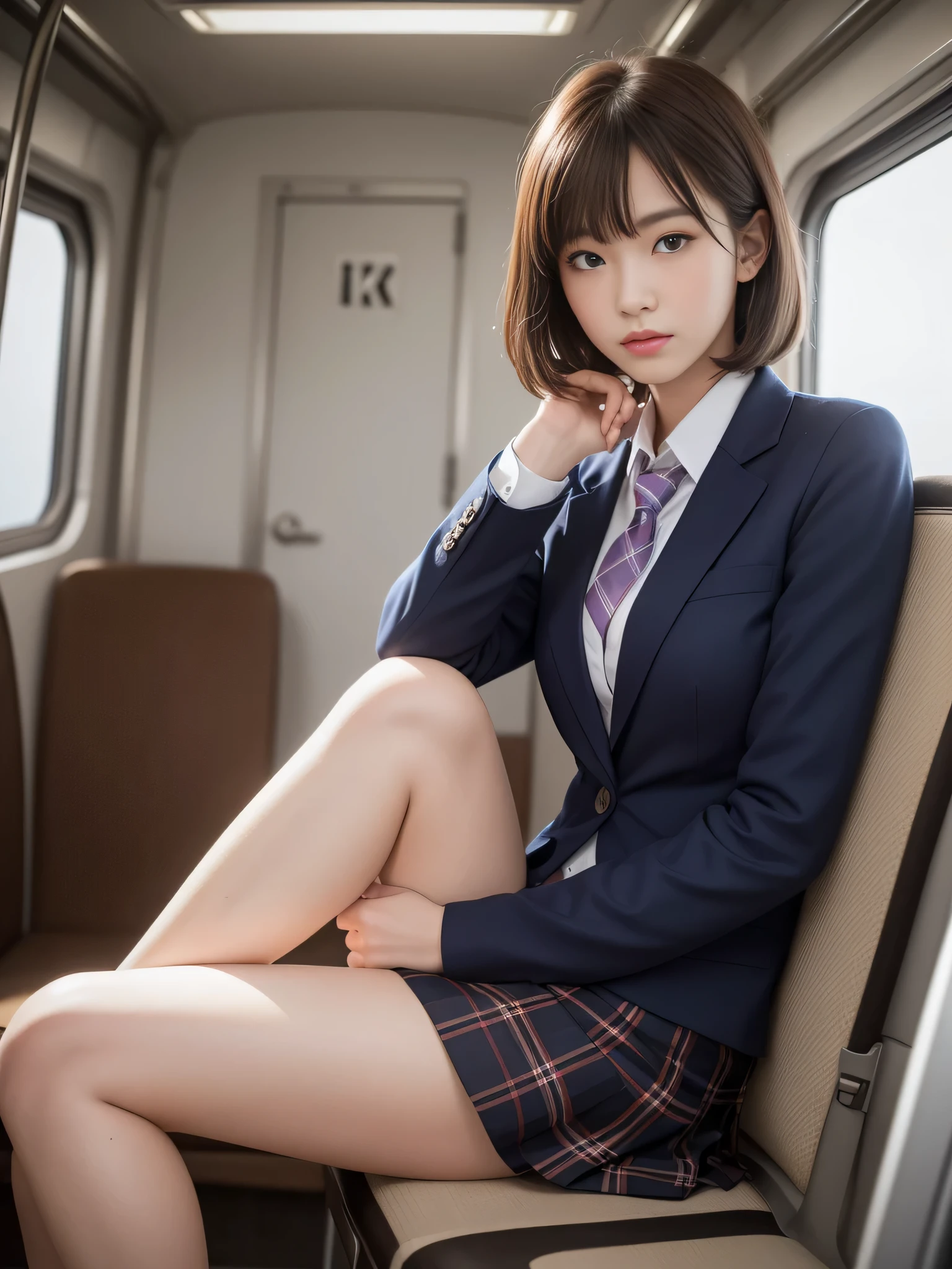 (masterpiece:1.3), (8k, Photoreal, RAW photo, best image quality: 1.4)、(random hairstyle:1.2)、super detail face、pay attention to details、double eyelid、、sharp focus:1.2、Beautiful woman:1.4、light brown hair、highest quality、masterpiece、超A high resolution、(Photoreal:1.4)、Highly detailed and professional illuminated smile、thin、serious expression、short hair、deadly position,whole body,Focused,(8K, Raw photo, highest quality, masterpiece: 1.2, realistic, photorealistic, photon mapping, photon mapping, photorealistic, Super detailed, professional lighting, Low - Angle: 1.2), (1 girl), (alone: 1.5), (whole body), (Height is 170cm), (22 year old high school girl),(Inside the train), (Japanese high school uniform), (dark blue blazer: 1.2), (Short plaid skirt: 1.2), (White shirt for students), (tie: 1.2), (sitting, I&#39;m looking forward to), (thighs open: 1.2), (light brown medium hair), (black loafers: 1.2), (beautiful face: 1.2), (perfect proportions: 1.2), (long legs: 1.2), (transparent skin), beautiful body, very detailed,Voyeurism,natural perspective,look elsewhere,glare