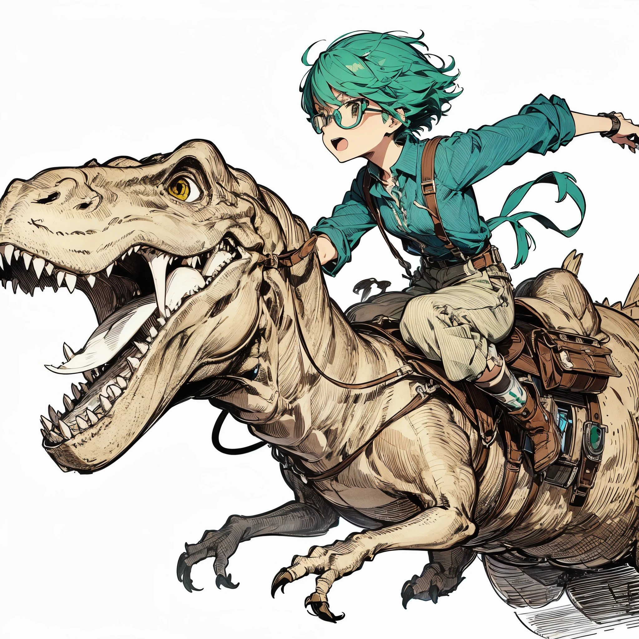 Create a line drawing of a character using pen art style, now depicted riding a dinosaur. The character should be dynamically positioned atop a T-Rex, maintaining a look of thrill and excitement. The character retains their intricately detailed green hair, blue shirt, suspenders, and steampunk glasses. The dinosaur should be drawn with a sense of power and prehistoric might, incorporating clean strokes and hatching for shading to give a traditional pen-drawn feel, capturing the essence of a hand-drawn manga illustration with an adventurous twist.
