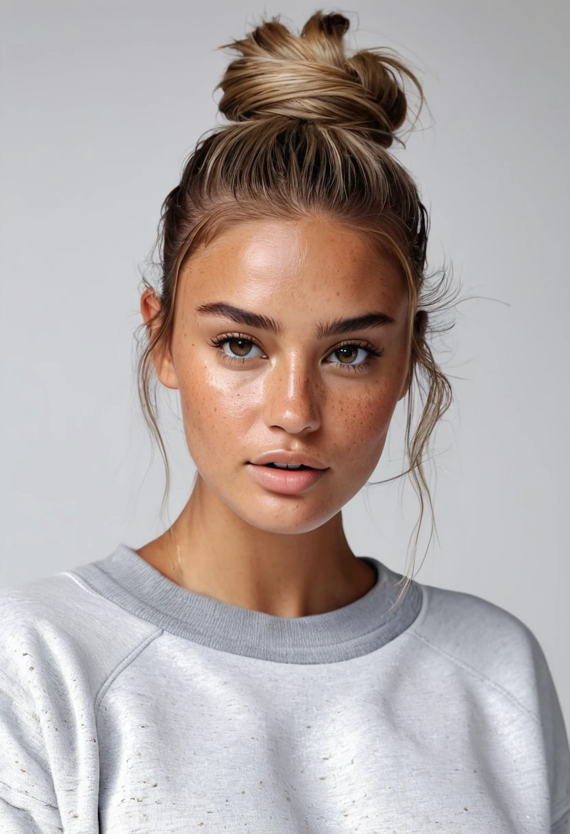 Supermodel, Brazilian, tanned, brown eyes, long dark blonde hair in messy bun, white background, beautiful , natural beauty, no makeup, model, 4K, realistic, natural, textured skin, freckles on nose, picture taken at arms length, wearing a grey sweatshirt, black leggings, white sneakers, 