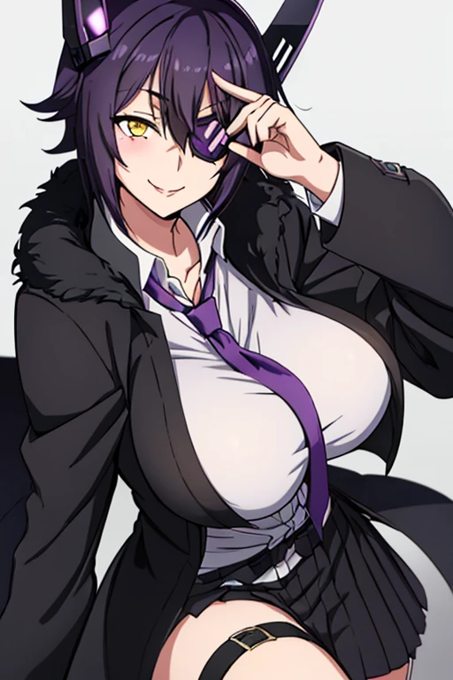 tenryuu_kantaicollection, eyepatch, short_hair, purple_hair, yellow_eyes, headgear, breasts, necktie, large_breasts, smile, solo, Black_coat, Black_Leg