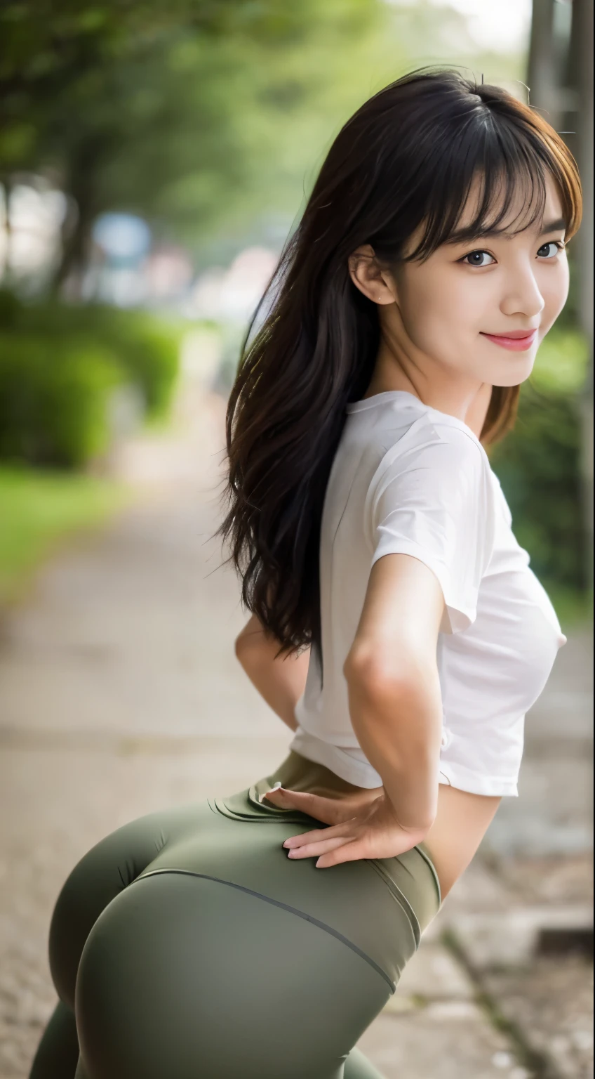 (Japanese),(26 years old), (slender woman), (beautiful breasts),double eyelid,natural makeup,thin lips,smile,ponytail,black hair,(She is in the nature park),(She has small breasts),(She takes off her bra),(Her breasts are pointed and pointy), (((She wears a big olive-colored t-shirt))), ((She is wearing beige leggings.)), (realistic), (ray tracing), (sharp focus), clavicle, (detailed face), Natural and realistic skin texture, soft face,((perfect anatomy:1.4)),(A full view of her slender figure:1.3),(Fit clothing、Sweaty and damp T-shirt、Leggings that fit your genitals and ass),((Look at her from the front、View her from below、From a 's perspective)),(Leggings that dig into the female genitals),(back view:1.5)