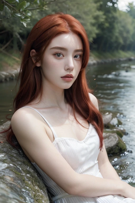 ( masterpiece, top quality, best quality,8k,17 years old girl,ultra detailed,raw photo:1.5),(photorealistic:1.4), (red hair:1.5), (cinematic lighting), PerfectNwsjMajic, , Surrealism, UHD, ccurate, Super detail, textured skin, High detail, Best quality, dynamic angle, White skin,[Beautiful blue eyes], high nose,[flat chest:large breasts:0.5],(1girl),(good anatomy:0.5)),(outside,river, portrait:1.5),white dress