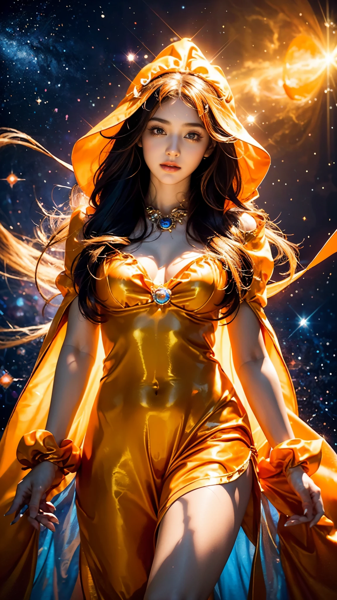 4K Ultra HD, Masterpiece, A girl with a magical aura, (good face:1.4), very Long hair, Detailed eyes, Glossy lips, Lolita costume, (orange costume:1.5), The aura around the body, Magical effect, Spread white light, Cosmic elements and ethereal atmosphere, A mix of bright lights and colorful nebulae, universe background, Perfect body,