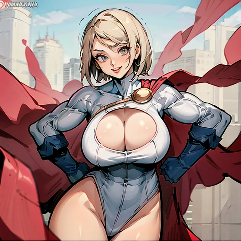 Power girl agarrando sus grandes senos mientras apreta sus pezones,nerviosa,pechos gigantes y culo tambien