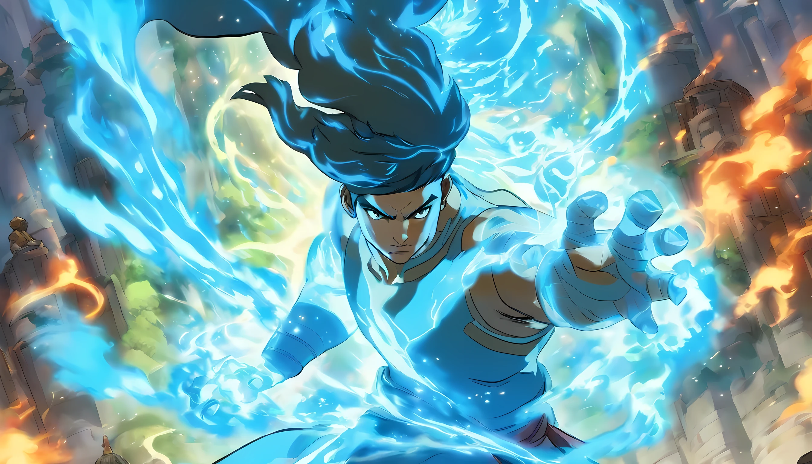 **Tairytu**, the new Avatar after Korra, es una figura misteriosa y poderosa que emerge en un mundo en constante cambio. Although his story has not yet been fully revealed, here's what we know:
1. **Origin and Incarnation**:
- Tairytu was born in a time of transition, when technology and spirituality intertwine. His birth was a cosmic event, marked by the convergence of elements and spiritual energy.
- Al igual que los Avatares anteriores, Tairytu is the incarnation of Raava, the spirit of light and balance. Your duty is to maintain harmony between nations and the elements.
2. **Habilidades Elementales**:
- Tairytu domina los cuatro elementos: Agua, Tierra, Fuego y Aire. Sin embargo, His most notable affinity is with Blue Fire, una forma avanzada y letal del control del fuego.
- His blue fire sword is an extension of his power. Forged with spiritual energy, can cut through any material and defy the laws of physics.
3. **La Espada de Fuego Azul**:
- La espada de Tairytu emite un resplandor azul intenso, fueled by your connection to the spiritual world. Can cut through steel, rock and energy itself.
- When Tairytu wields his sword, se convierte en un torbellino de fuego y luz, capaz de enfrentarse a cualquier amenaza.
4. **Mission and Challenges**:
- Tairytu not only fights physical enemies, but also against the forces that threaten spiritual balance. Your search is transcendental: restore the connection between humans and spirits.
- En su viaje, Tairytu se encuentra con aliados y enemigos inesperados. Some seek your guidance, while others wish for its destruction.
5. **El Legado de Korra**:
- Korra, la Avatar anterior, left a world in flux. Tairytu inherits its legacy and faces unique challenges.
- Aunque Korra fue una maestra de los elementos, Tairytu lleva su dominio al siguiente nivel, fusionando la espiritual