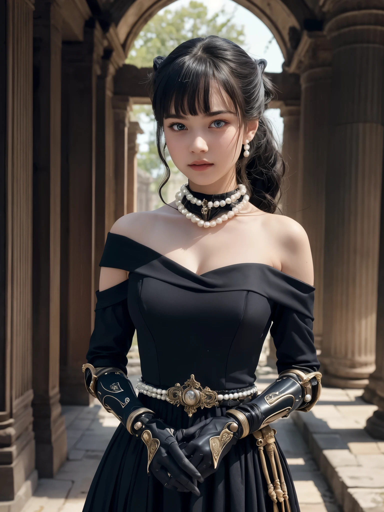 queen wearing off shoulder dress, BREAK, 1girl, off shoulder long dress, shoulder, royal interior, pearl necklace, elegant hairdo, 

nsfw, masterpiece, best quality, high resolution, ultra-detailed, realistic, swept bangs, low ponytail, highly detailed face, highly detailed eyes, tareme, cyborg robotic arms and hands, gloves, samurai pauldron, fighting stance, ancient ruins, clockpunk, (yo, cute:1.3), 