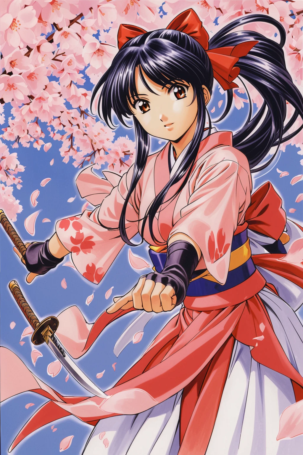 Shinguji Sakura, 1 girl, arms, alone, sword, kimono, bow, black hair, red bow, long hair, brown eyes, gloves, petal, fingerless gloves, cherry blossoms, knife, hair bow, ponytail, kimono, Similarly, Similarly skirt, traditional media, 