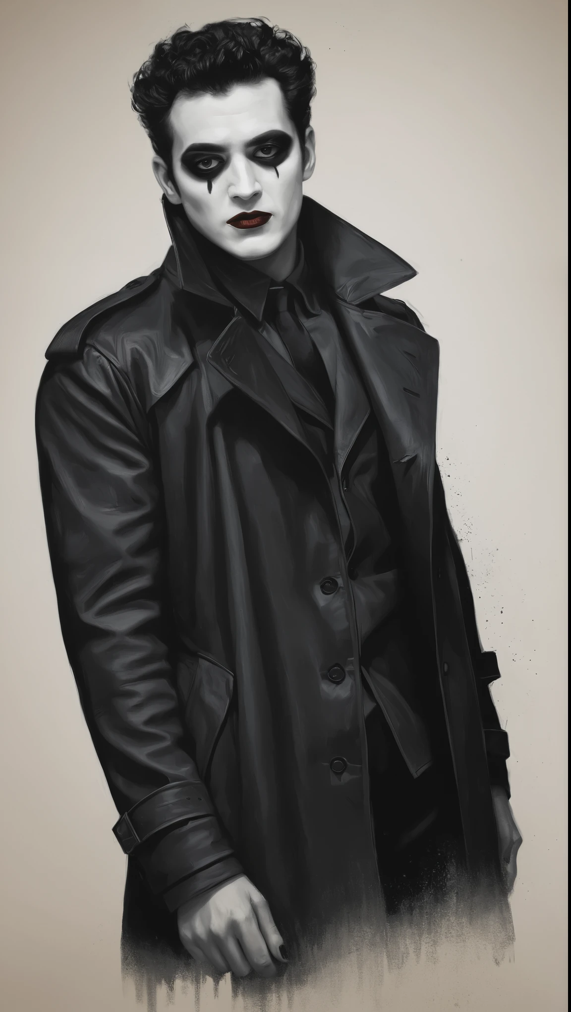 An illustrated movie poster, hand-drawn, full color, a mime, male, 28 years-old, wearing black and white crow makeup and a dark leather trench coat, stocky, soft doughy physique, deep brown eyes, wide bulbous nose, full lips, black lipstick, black hair, curly quiff, thick bushy eyebrows, extremely hairy chest, stomach, and arms, lots of body hair, posing on a pedestal, hard shadows, graphite shading, stencil marks, airbrushed acrylic paint, masterpiece