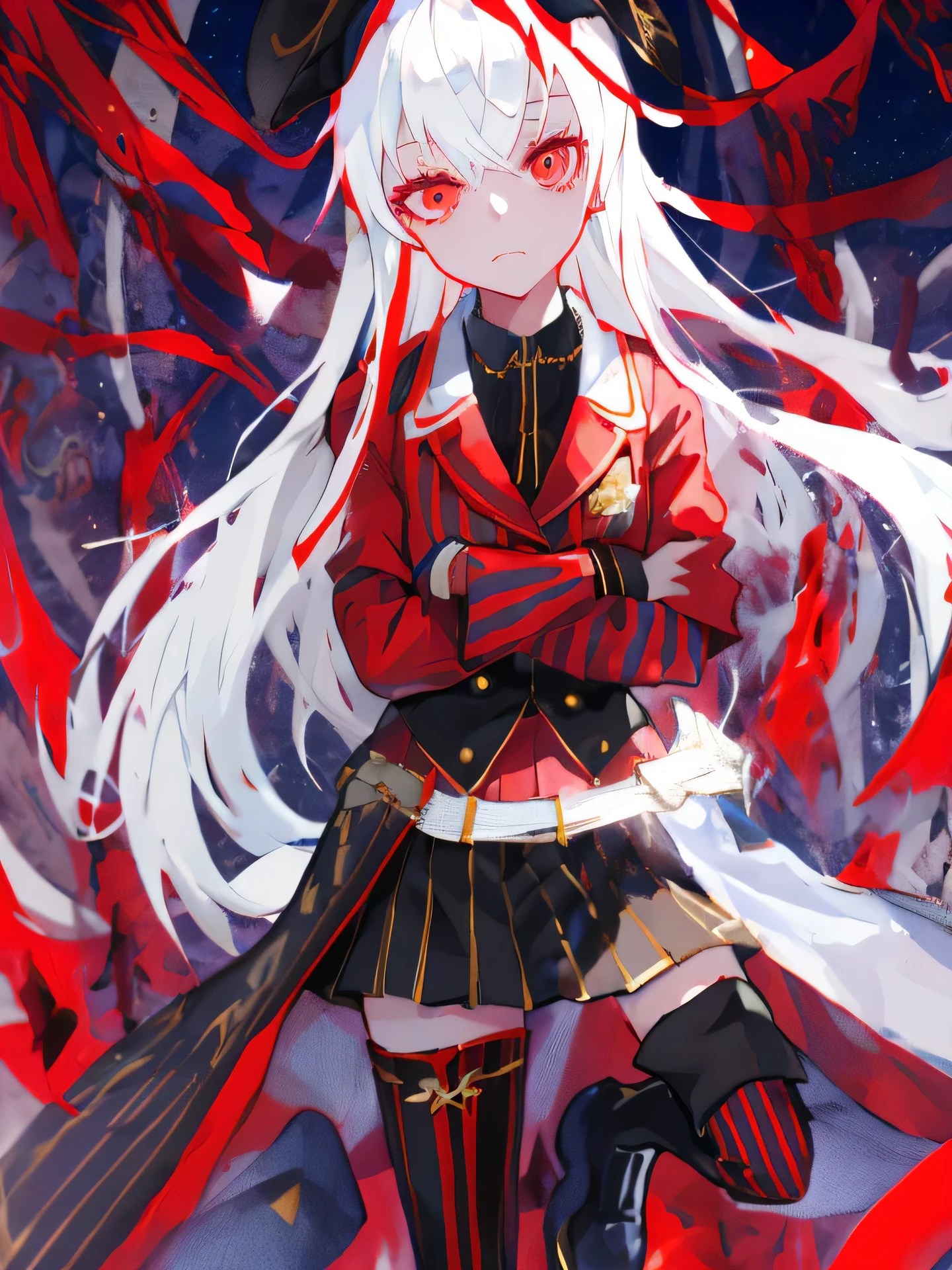 beautiful girl,Handsome,white hair,long haits the picture,red eye,whole body,detail,HD,Blue lining,White hem,Red and black striped knee-length socks,White mid-tube boots,platform shoes