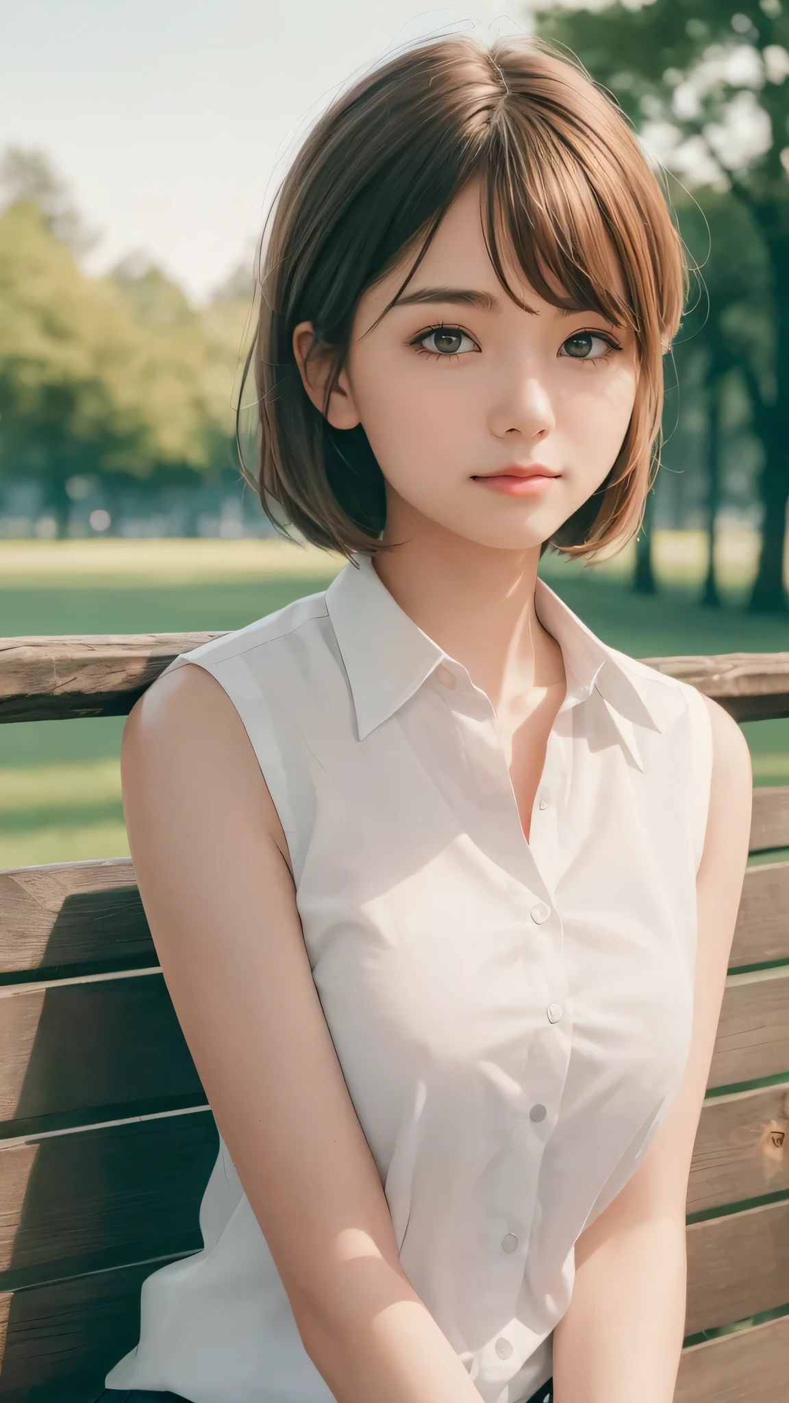highest quality, realistic, 8K, High resolution, full color, 1 girl, woman, 20 years old woman, (closed mouth:1.73), (skin dents), (portrait:0.6), wood, park bench, dawn, ((park background:1.52)), full color, ((Sleeveless white shirt:1.58)), looking at the viewer:1.8, (1 girl eyes looking at the viewer:1.55), (medium hair, brown hair, parted hair:1.45), (Bokeh),