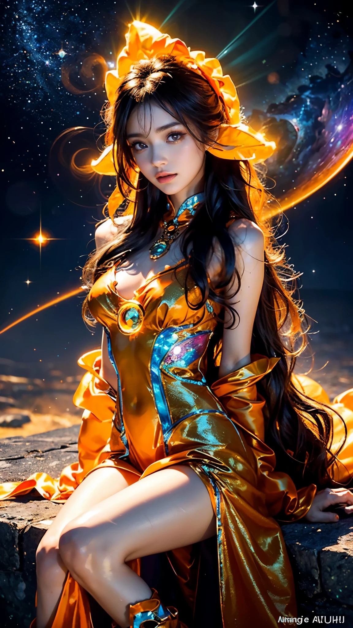 4K Ultra HD, Masterpiece, A girl with a magical aura, (good face:1.4), very Long hair, Detailed eyes, Glossy lips, Lolita costume, (orange costume:1.5), The aura around the body, Magical effect, Spread white light, Cosmic elements and ethereal atmosphere, A mix of bright lights and colorful nebulae, universe background, Perfect body, sitting,