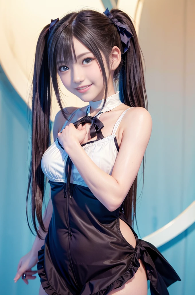 pubic hair,black lace underwear, full body, petite figure,beautiful detailed eyes, (Short twin tail haiv:1.2), (8k, best quality, masterpiece:1.2), (realistic, photorealistic:1.37), ultra detailed, one girl, cute, solo, (blush), (smile: 1.15), (closed mouth)