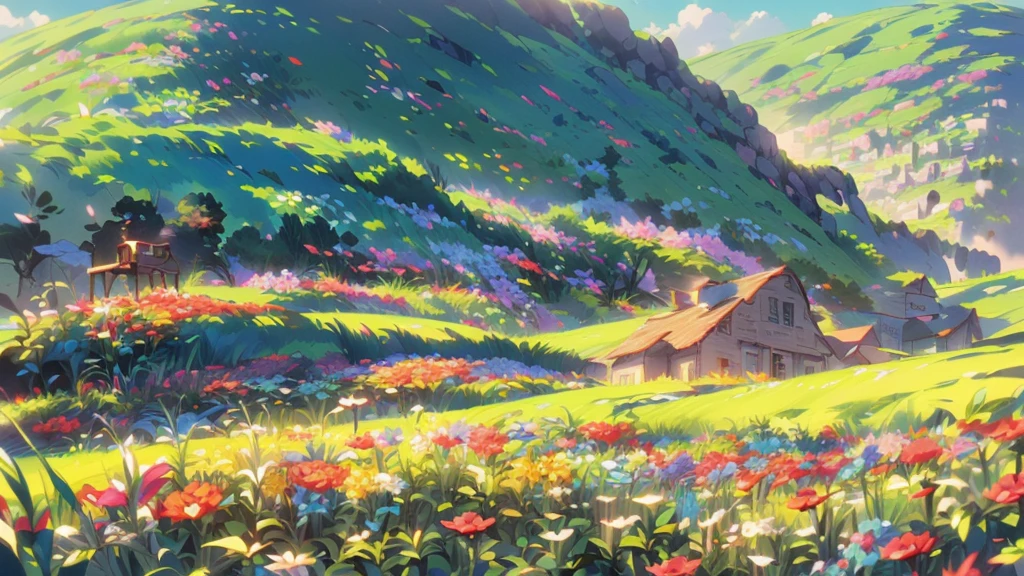 ((highest quality, super detailed,:1.3)),(White hair,elfs ear,green eyes,shining eyes,long hair,twin tail:1.2),Flower Meadow,castle, (landscape photography:1.2), (highly detailed background:1.2),(cowboy shot:1.3)