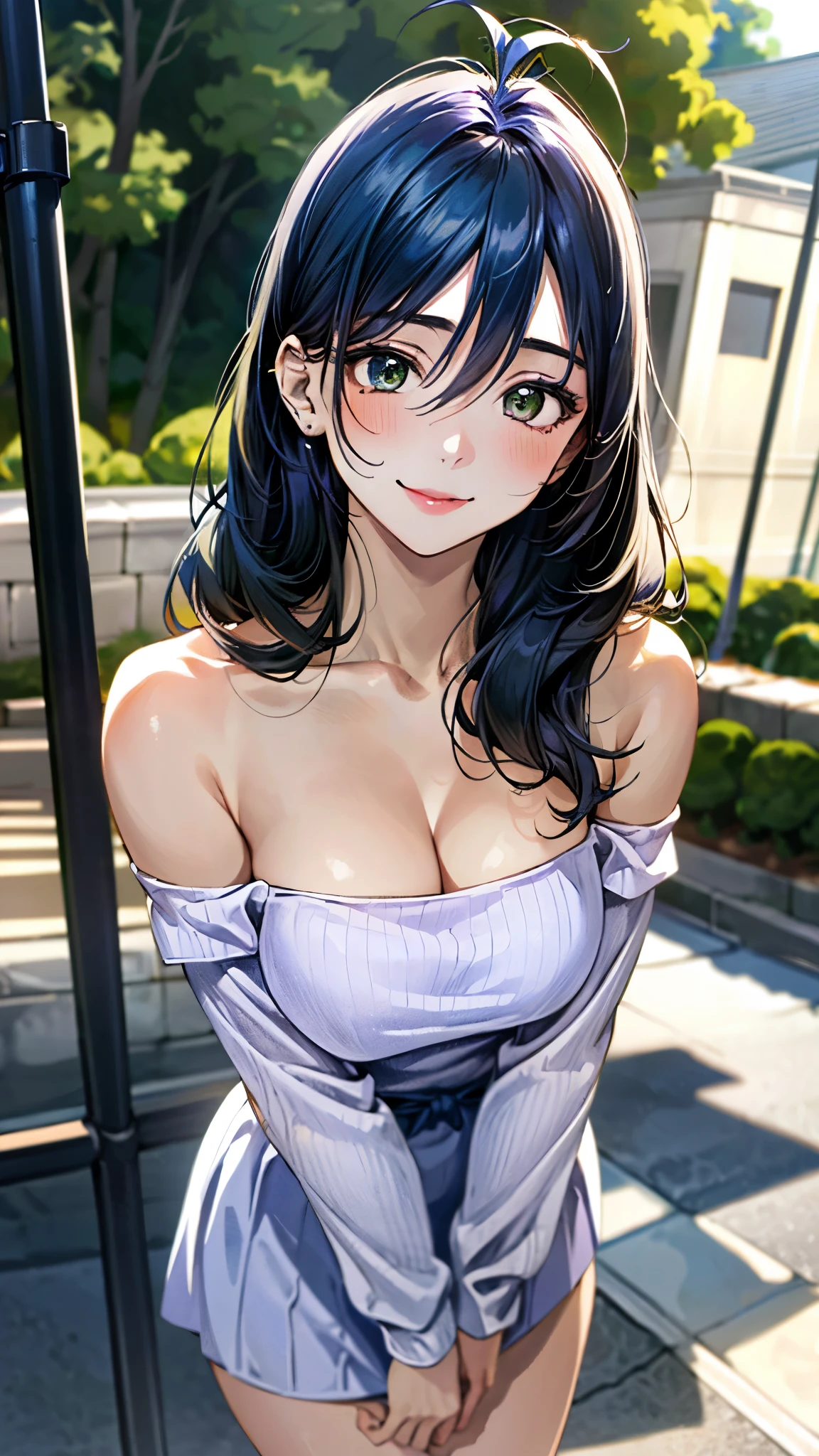 (masterpiece:1.3, top-quality, ultra high res, ultra detailed), (realistic, photorealistic:1.4), beautiful illustration, perfect lighting, natural lighting, colorful, depth of fields, ,
beautiful detailed hair, beautiful detailed face, beautiful detailed eyes, beautiful clavicle, beautiful body, beautiful chest, beautiful thigh, beautiful legs, beautiful fingers, 
looking at viewer, 1 girl, japanese, high school girl, (perfect anatomy, anatomically correct), cute and symmetrical face, ****face, perfect face, perfect eyes, shiny skin, slender, 
(long hair:1.7, wavy hair:0.8, blue hair), antenna hair, hair between eyes, emerald green eyes, long eye lasher, (large breasts:0.8, seductive thighs), 
((long sleeve light purple knit dress, black tube top)), 
(beautiful scenery), summer, evening, (school), (lovely smile, upper eyes),