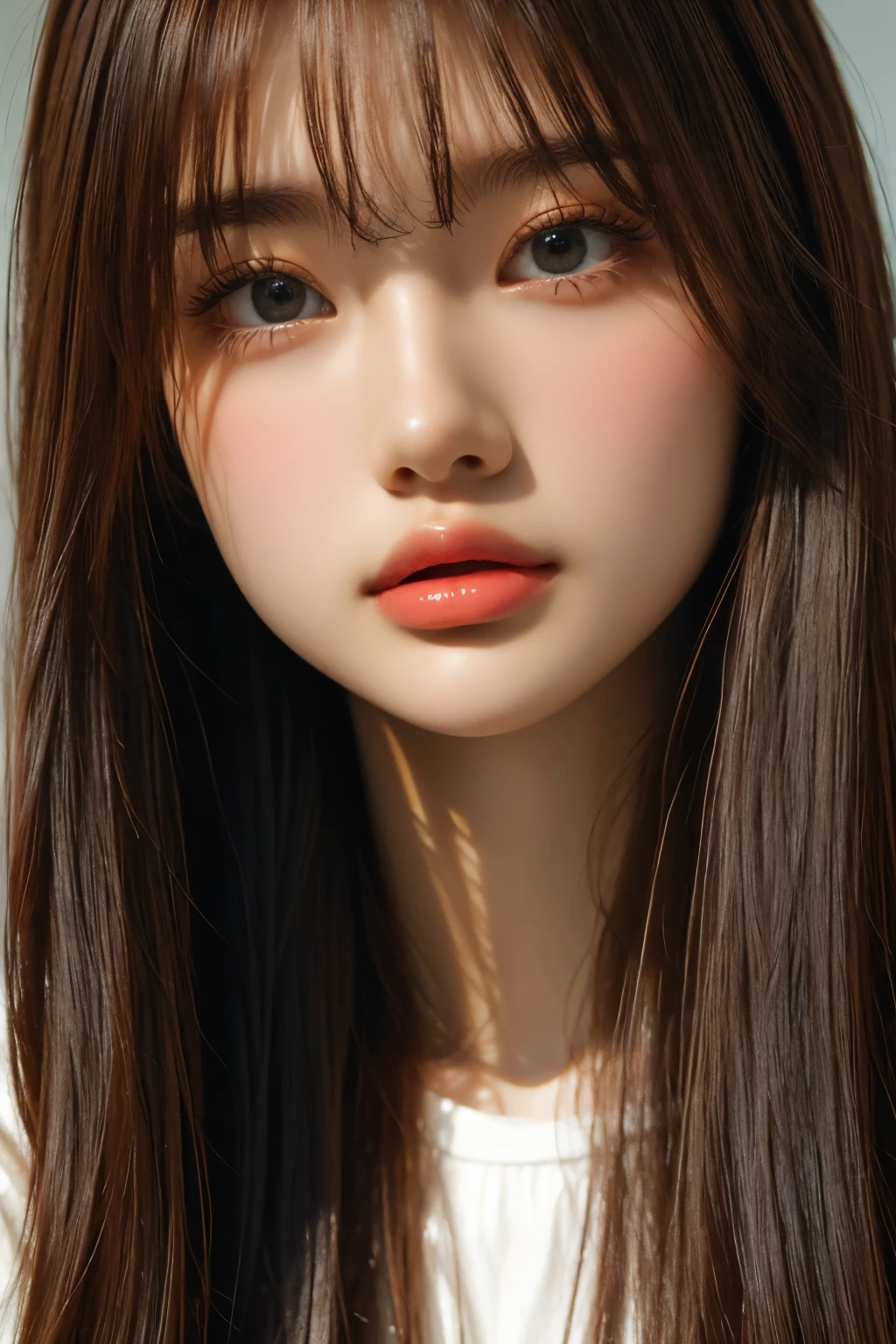 (Ultra Realistic), (Illustration), (Increased Resolution), (8K), (Extremely Detailed), (Best Illustration), (Beautiful and Detailed Eyes), (Best Quality), (Ultra Detailed), (Masterpiece ), ( wallpaper), (detailed face), solo, 1 girl, Charming Russian model Nata Lee, light blonde straight hair, looking at viewer, fine details, detailed face, in the dark, deep shadows, low key, pureerosfaceace_v1, smiling, long hair, 46 points oblique bangs.