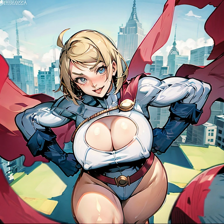 Power girl agarrando sus grandes senos mientras apreta sus pezones,nerviosa,pechos gigantes y culo tambien