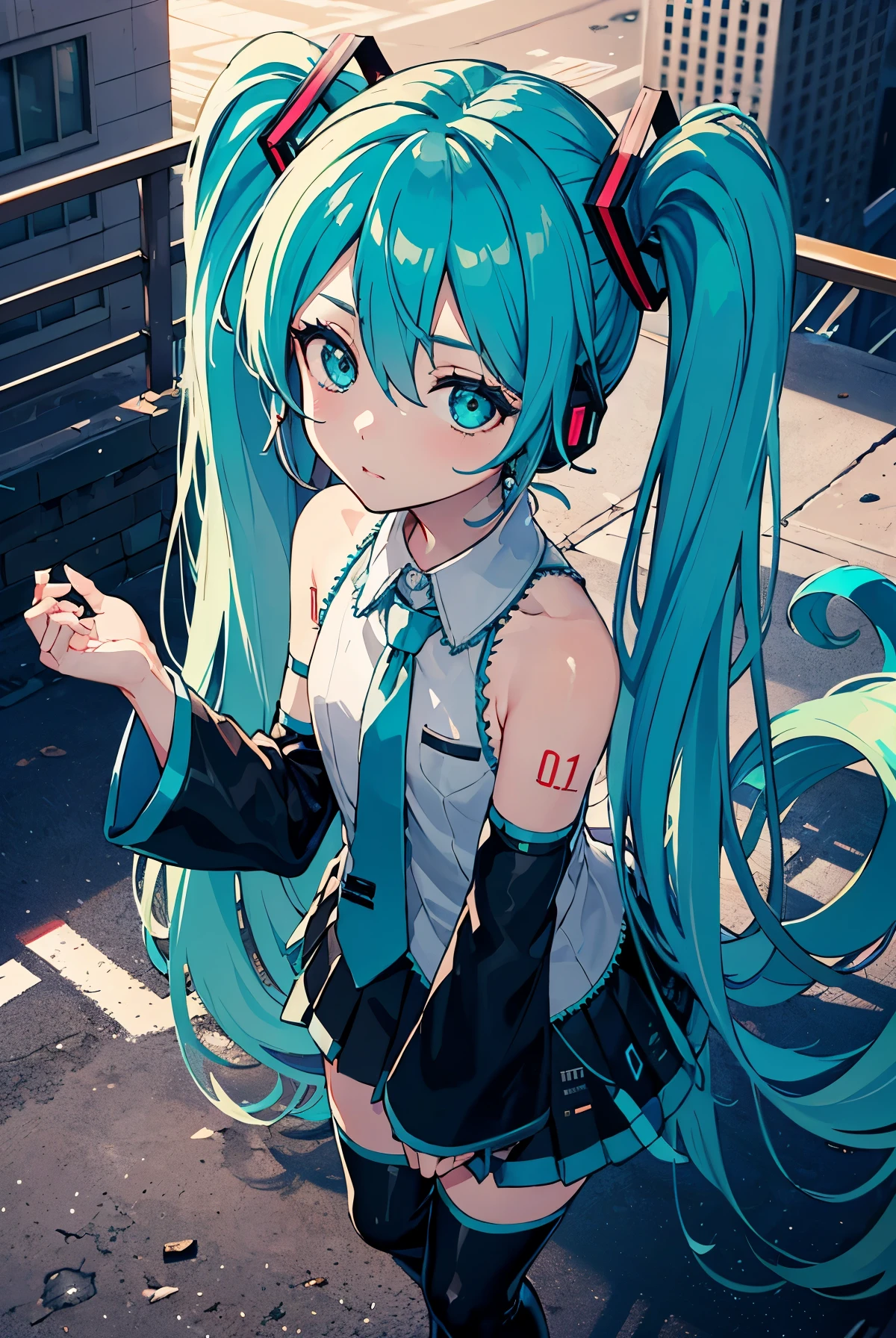 Hatsune Miku, Hatsune Miku, ahog, aqua eyes, aqua hair, Cross bangs, hair between eyes, hair accessories, earphone, long hair, Double tail,
rest aqua tie, Black footwear, black skirt, black sleeves, boots, collared shirt, Separate sleeves, grey shirt, tie, pleated skirt, shirt, skirt, sleeveless, sleeveless shirt, thigh boots, tie夾,
rest looking at viewer,
rest outdoors, City,
rest (masterpiece:1.2), best quality, High resolution, unified 8k wallpaper, (illustration:0.8), (Beautiful and delicate eyes:1.6), extremely detailed face, perfect lighting, Extremely detailed CG, (perfect hands, perfect anatomy),