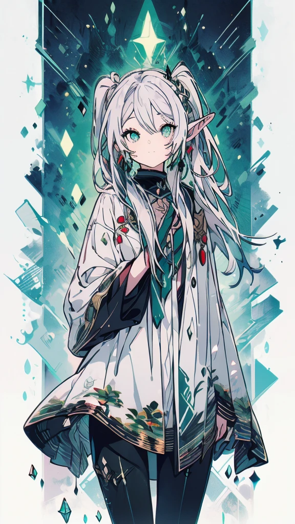 ((highest quality, super detailed,:1.3)),(White hair,elfs ear,green eyes,shining eyes,long hair,twin tail:1.2),(cowboy shot:1.3)