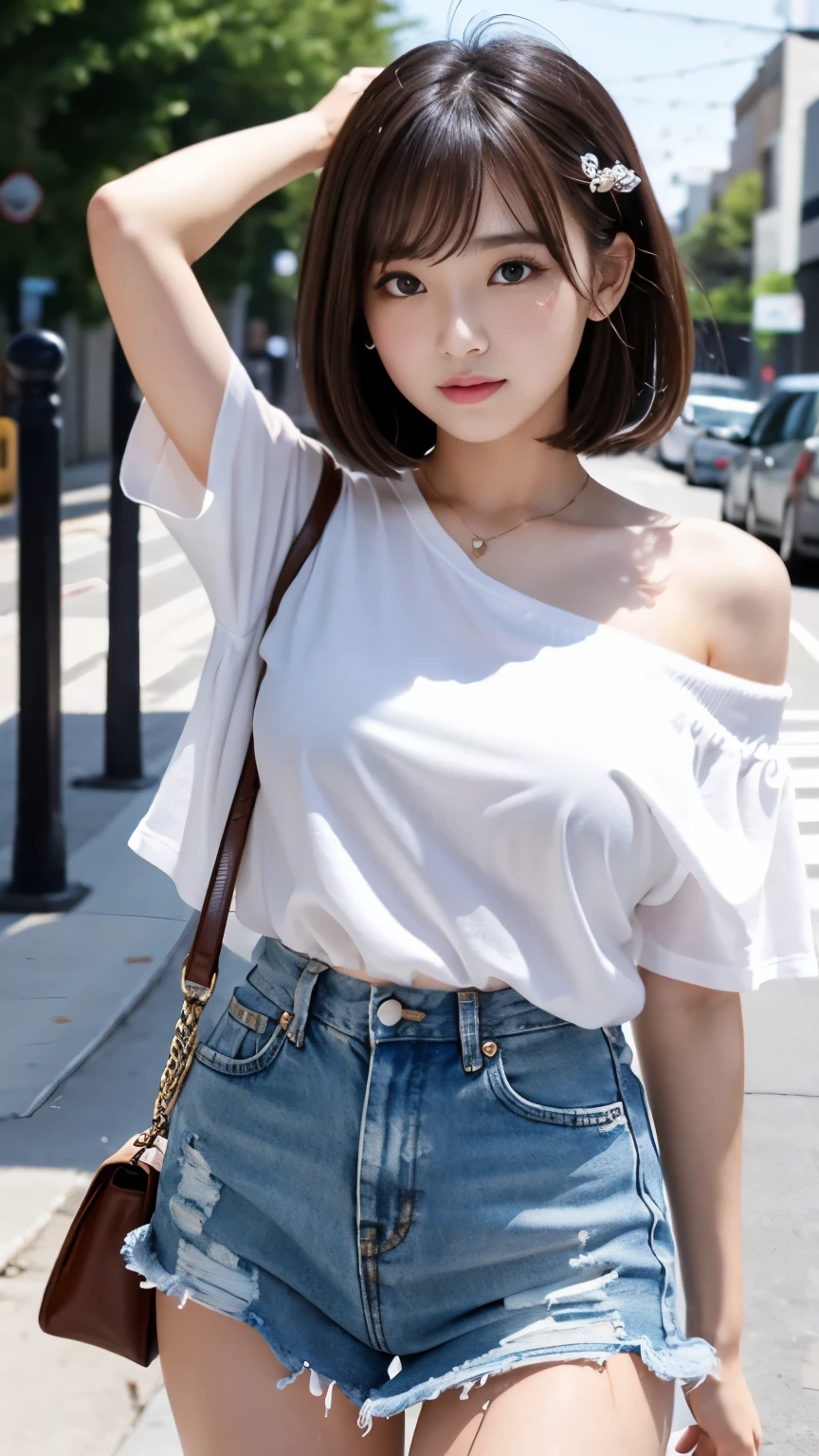 Ultra-high resolution, Superior Quality, Highest quality, Very detailed, Realistic, 8k, RAW Photos, Highest quality, masterpiece, Attractive girl, Awesome girl, Brown Hair, Shoulder-length layers, Asymmetrical bangs, K-POPアイドル, Sophisticated, stylish, Light blue camisole, White mini skirt、White cardigan、Shibuya Ward, Short Hair