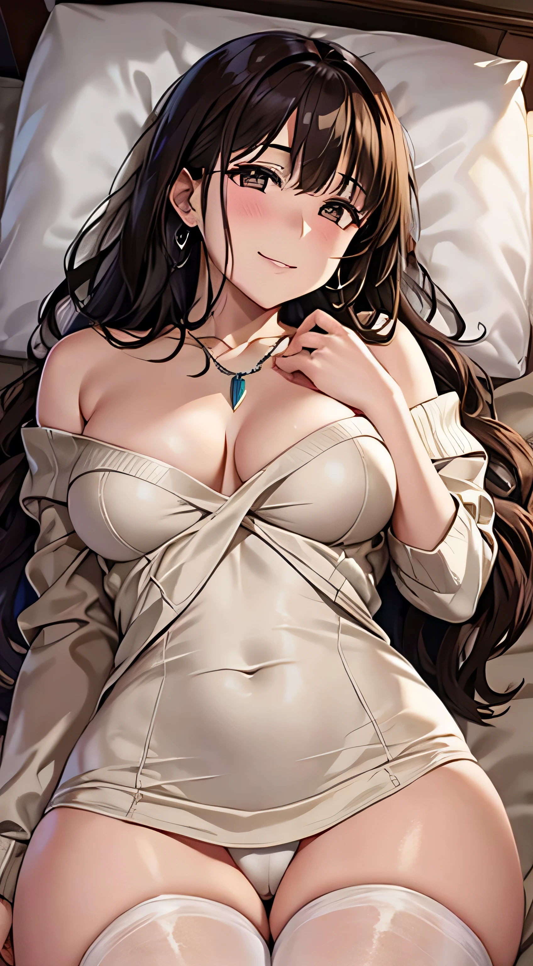 (table top, highest quality, High resolution, , perfect pixel, 4k,), 1 girl, single, alone, Beautiful woman、I could see the whole body、 ((wavy mid-length hair, bangs, brown hair)), ((brown eyes, beautiful eyelashes, realistic eyes)), ((detailed face, blush:1.2)), ((smooth texture:0.75, realistic texture:0.65, realistic:1.1, Anime CG style)), soft chest, dynamic angle, perfect body, ((,, , earrings、necklace、beige off shoulder sweater、、black knee high stockings、open both legs wide、、shy smile)), upper grade、、、evening、(luxury hotel bed、sleep on your back)、、Close your chest with both arms、You can see the white light blue lace panties)、angle from below)、