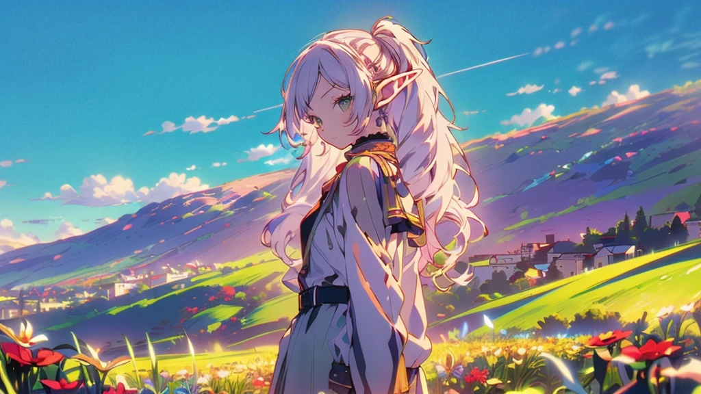 ((highest quality, super detailed,:1.3)),(White hair,elfs ear,green eyes,shining eyes,long hair,twin tail:1.2),Flower Meadow,castle, (landscape photography:1.2), (highly detailed background:1.2),(cowboy shot:1.3)