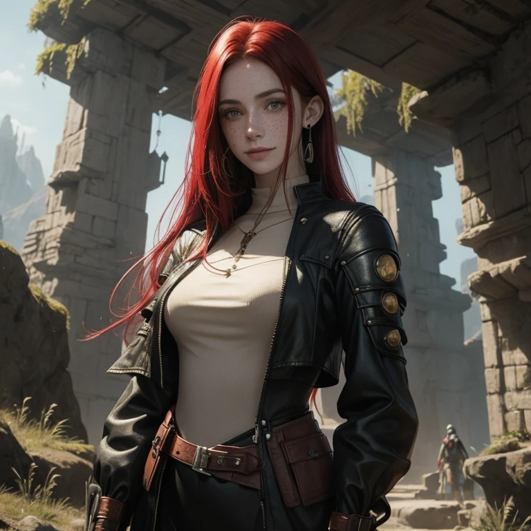Tall pale skin woman with freckles, cabello largo atado en una coleta alta, cabello ondulado color rojo y anaranjado, media sonrisa y rostro semi expresivo. ropa estilo cyberpunk, medieval, de colores terracotas y verdes. fantasy background, con poca naturaleza.