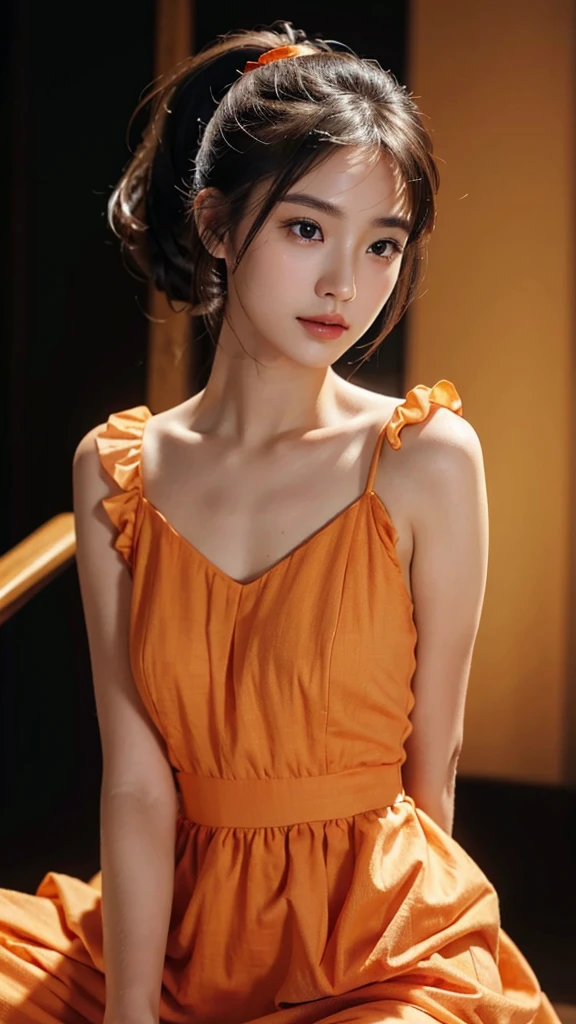 Spotlight on stage,close-up of face,One woman,fully body photo,masutepiece, The highest image quality, High quality, the background is clear,Beautiful woman, Japanese, Detailed, Detailed eyes, Detailed skin, Beautiful skin, 超hight resolution, (reality: 1.4),Very beautiful woman, Slightly younger face, Beautiful skin, slender, (Ultra photo realsisim), (hight resolution), (8K), (Very detailed) (beautifully detailed eyes), (super detailed), (Detailed face), view the viewer, Fine details, Detailed face, Staring straight ahead, Staring straight ahead, photos realistic, Bright lighting, Professional Lighting, Black hair,poneyTail,a baby face,sixteen years old,Hairstyle is ponytail,long ponytail hairstyle,slight smile,Orange colored long dress with lots of ruffles, softly shaped skirt,