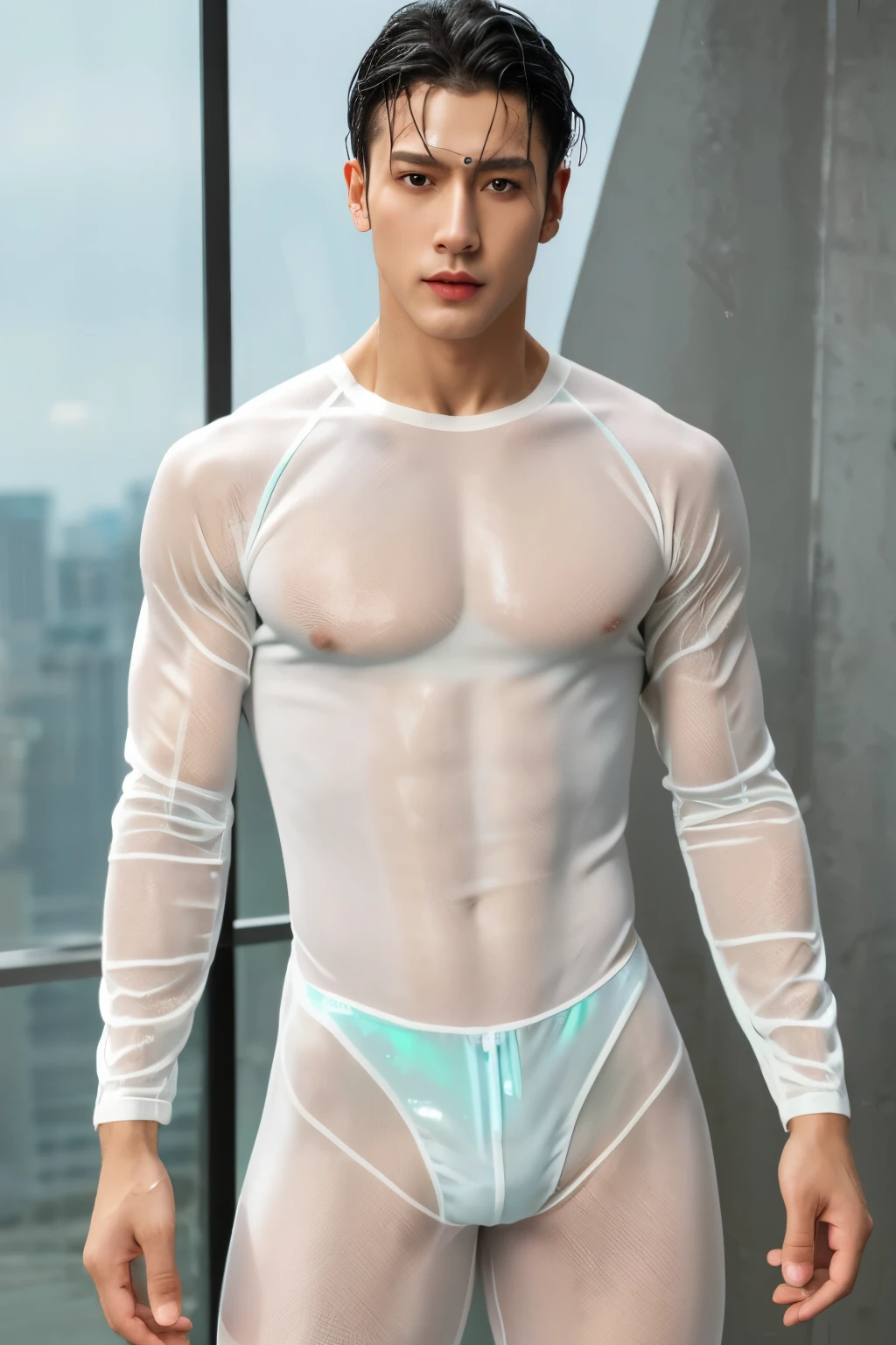 best quality, highres, 1 man wearing pastel color wet skintight clothing:: stretchy tight ultra-thin sheer long sleeve bodysuit, sheer thin mesh, transparent clothing, spandex, erotic wear, onesie, union suit, see-through:: masterpiece, full body, 1boy, muscular, abs, large pectorals, covered navel, covered nipples, male focus, muscular male, (wet, shiny, shiny skin, lotion, see-through)