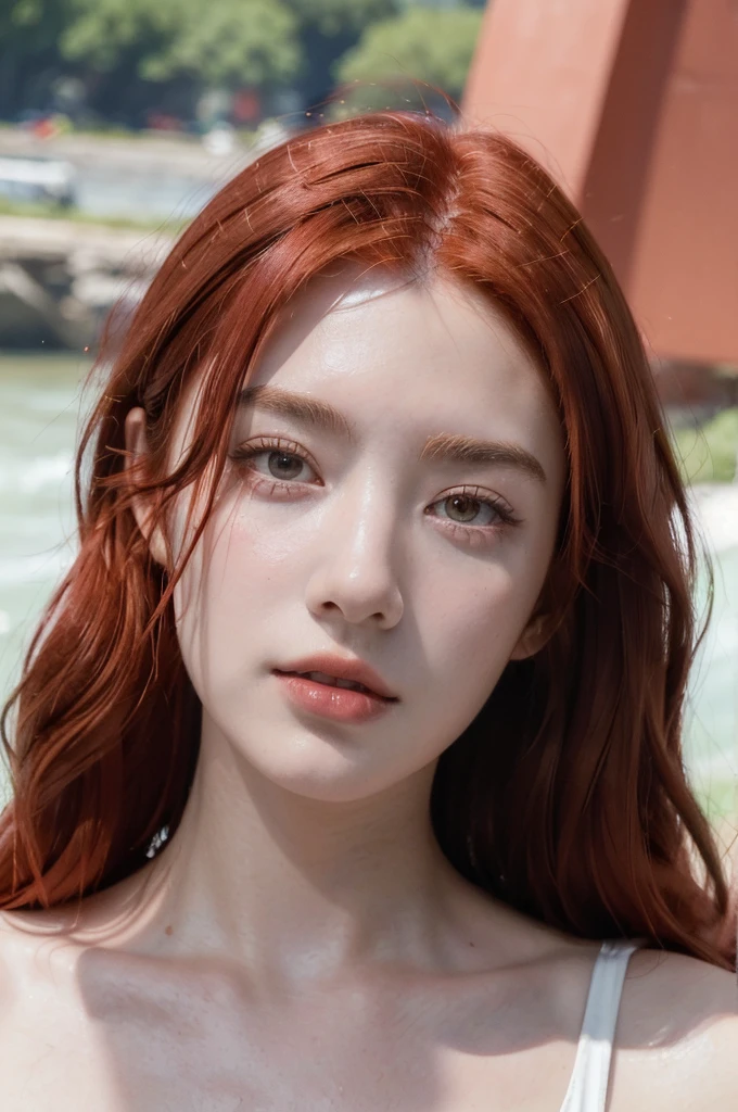 ( masterpiece, top quality, best quality,8k,17 years old girl,ultra detailed,raw photo:1.5),(photorealistic:1.4), (messy red hair:1.5), (cinematic lighting), PerfectNwsjMajic, , Surrealism, UHD, ccurate, Super detail, textured skin, High detail, Best quality, dynamic angle, White skin,[Beautiful blue eyes], high nose,[flat chest:large breasts:0.5],(1girl),(good anatomy:0.5)),(outside,river, portrait:1.5),white dress