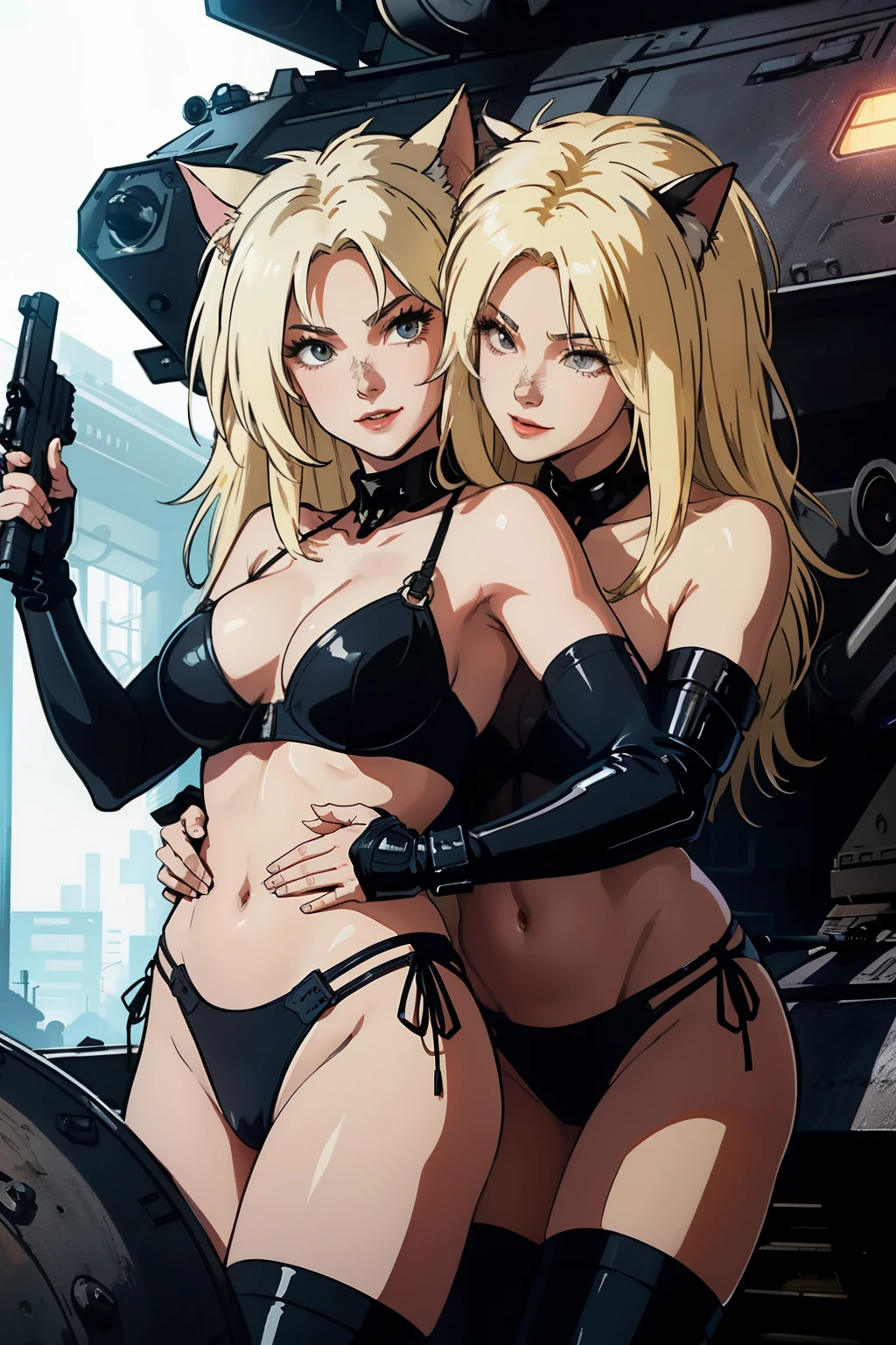 ((highest quality)), ((masterpiece)), (be familiar with), (High definition), 8K, perfect face、2 women、Two blonde women with cat ears standing side by side、(Hugging from behind:1.3)、(Smile)、tall、2 Blonde cat ears、2. Long Hair、2. Volumetric hair style、big breasts、constricted waist、big ass、glamorous、Glamorous、Bikini Protector、Armor、combat suit、combat boots、armed、Equipped with large firearms、Posing in front of a tank、cinematic、best shadow、side lighting、NEO TOKYO、explosion、(Close-up of two faces:1.1)