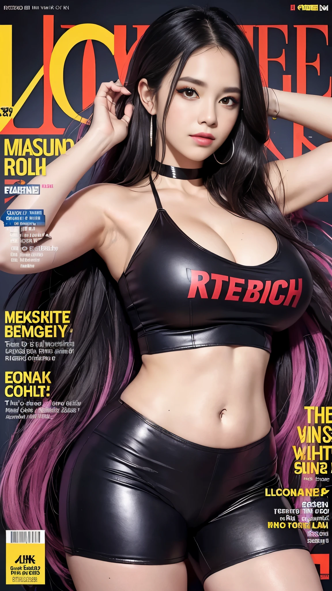 (best quality, 8k, masterpiece: 1.3) Magazine cover style, teenage woman, smile, (Dark eyeliner: 1.5), severe dark circles, red cheek touch, choker necklace，fashion magazine background，bold pose, hippie style hair, (huge tits: 1.4), (thick thighs: 1.1), Black leggings, developed muscles, Abs, 여유로운 smile