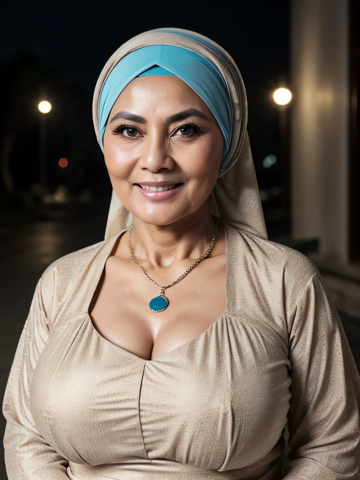 (masterpiece) (old mature) (beauty one)
60 Years old, vietnam mature woman, wearing Wide Hijab, perfect curvy body, (gorgeus eyes) natural saggy breast : 4 about to burst out, gorgeous eyes, Soft smile, wearing Gamis, necklace, hairband, natural makeup, outdoor at Nigh time, professional photography with excellent lighting, cool colors, 