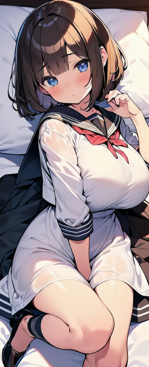 (best quality), (Super detailed), (Best Illustration), (1woman), full body, look at viewer, (white serafuku), (lying on bed:1.2), (?????????????), blush, {brown hair, (bob cut:1.2), curly hair, hairs between eyes}, {(detailed eyes), twinkle(in the eyes), blue eyes},
