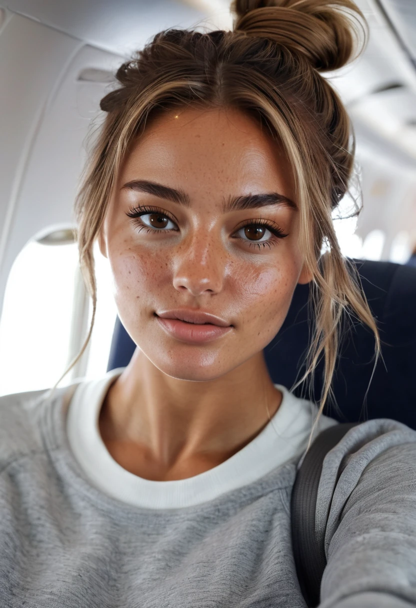 Supermodel, Brazilian, tanned, brown eyes, taking a selfie at arms length, long dark blonde hair in a messy bun, sitting in a plane seat, beautiful , natural beauty, no makeup, model, 4K, realistic, natural, textured skin, freckles on nose, wearing grey sweatshirt, wearing leggings, white sneakers.