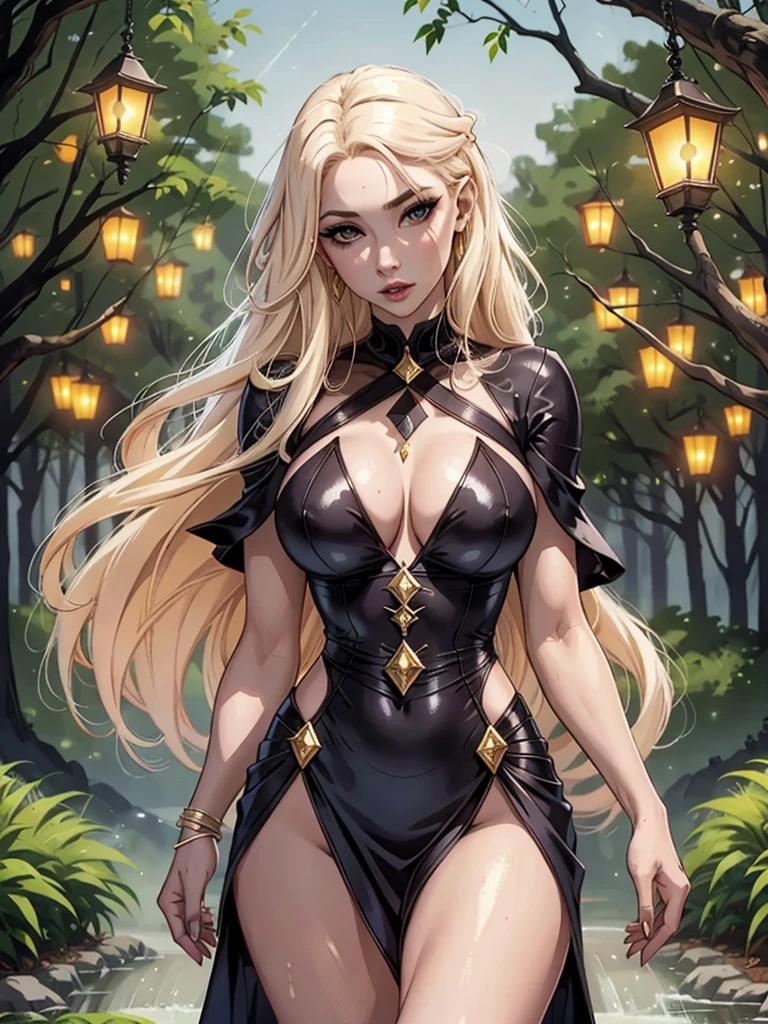 (platinum blond hair with orange highlights). Create a mesmerizing masterpiece of the highest quality, featuring a captivating solo female Dhampir character with pale skin and an intense gaze. The artwork should be rendered in photorealistic detail, with a rating of 1.4. The character should be portrayed wearing a stylish skirt and a striking witch outfit, exuding elegance and allure. Her hair should be the focal point, with a stunning ombre effect that transitions from platinum blonde at the roots to a dark orange shade, achieving a gradient of 1.5. Accentuate her piercing eyes and sharp fangs, further enhancing her mysterious nature. Set her in a moonlit garden, enveloped in a sinister atmosphere, with vibrant colors and dramatic lighting. Ensure every detail is meticulously captured, from her flawless face to her graceful pose, as she walks through the garden, exuding confidence and intrigue. Pay special attention to her hair, which should have a mesmerizing ombre effect with a gradient rating of 1.2. Start with a platinum blonde shade at the roots, seamlessly transitioning into a dark orange hue towards the ends. Capture every strand with meticulous precision, highlighting the beauty and uniqueness of her hair. ((((Full Body Portrait))))