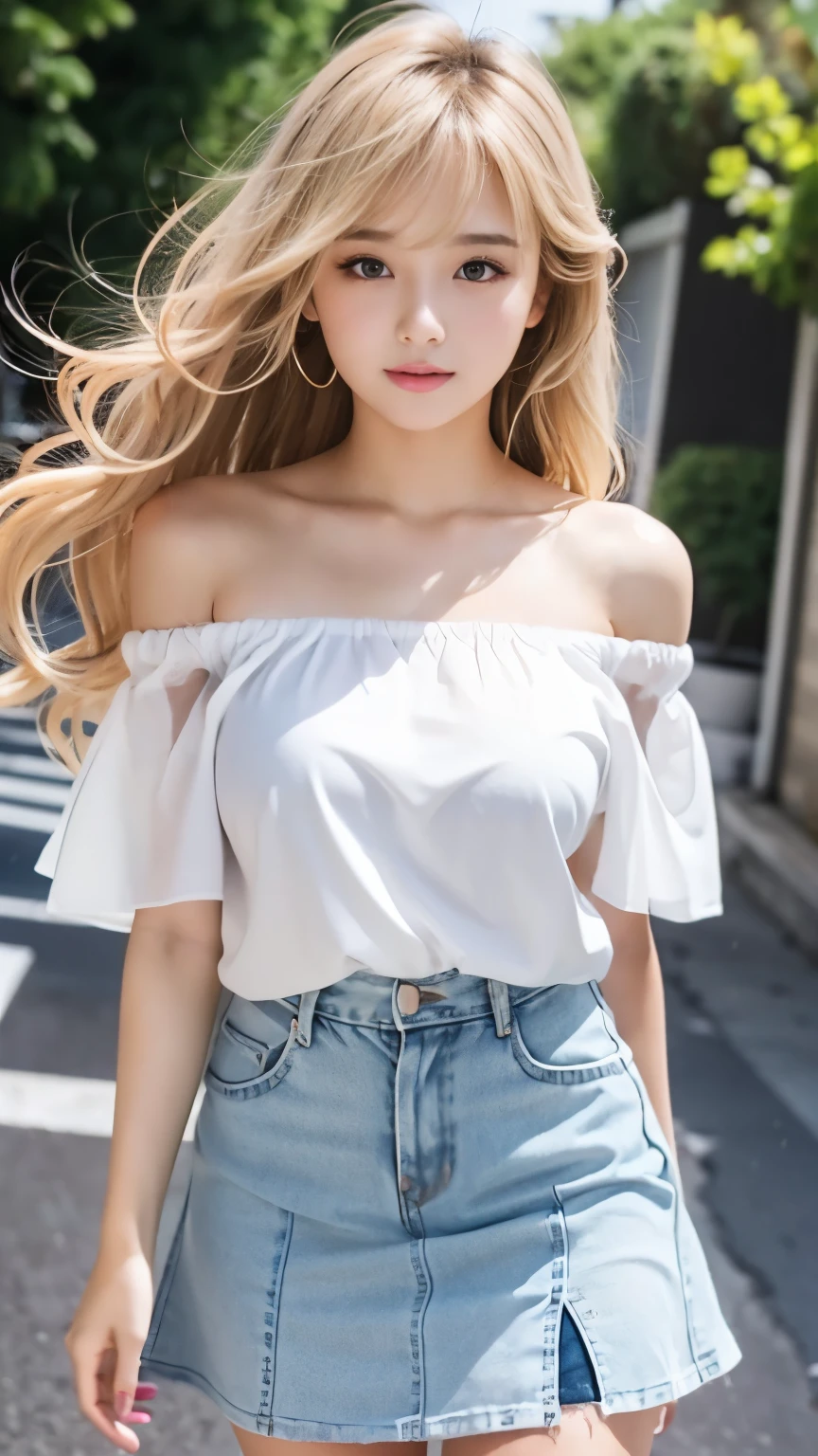 sexy big breasts、Sexy cute looks and cute  beautiful girl, Beautiful and sexy face、The strong wind blows the hair in front of my face、Beautiful blonde medium wavy hair with cute and sexy eyes hidden by long bangs、Off-the-shoulder t-shirt、Tulle miniskirt