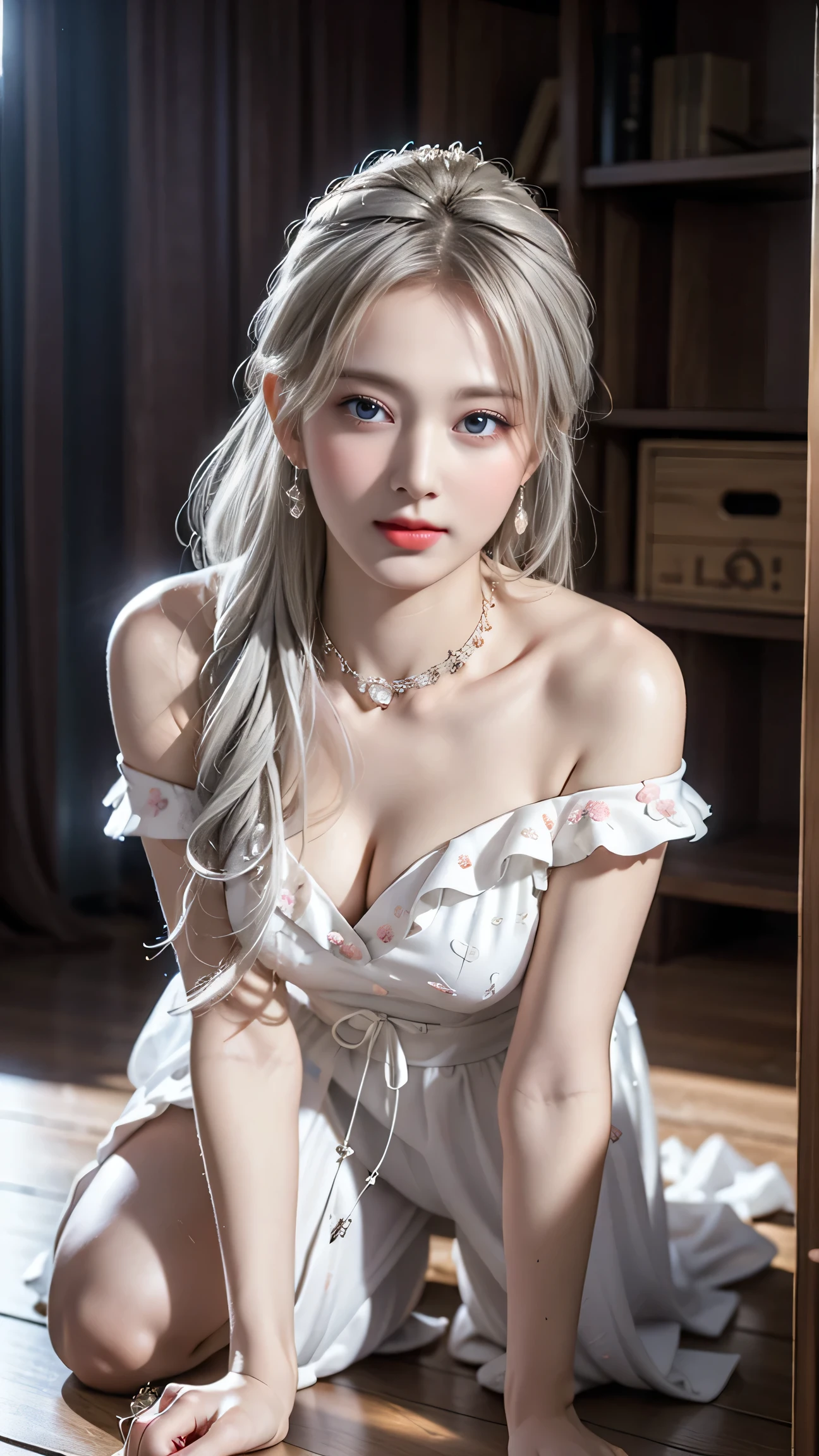 top quality work，Actual work，Ultra Premium Graphics，8K HD CG works，High quality graphics，High-definition CG works，10x pixels，super fine details：1.1，Advanced technical details：1.1Photo-realistic，Indoor Lighting Effects：1.5，Natural light：1.5. light effect（virtual light effect：1.8），超A high resolution，shiny red dress，長いsilver hair，silver hair，transparent hair，high detail hair（premium hair detail：1.1）clear eyes，beautiful double eyelids，sharp eye makeup, delicate eyelash makeup, thin eyebrows, highly detailed eyes，high nose, nice red lips, rose cheeks, A face with delicate makeup , cute face, perfectly proportioned face,（Advanced facial details：1.1），shiny，Summer Sexy Hip Wrap Fishtail Sleeveless Commuter Maxi ，stiletto heels，Beautiful long dress，wonderful dress，bright red series，(Semi-transparent off-shoulder white floral dress) Dress Collection，dress photo shoot，authentic dress work，At the banquet hall，woman&#39;artwork of，full body figure，Dress goddess，realism，wonderful，My eyes are shining today(,(get down on all fours)),