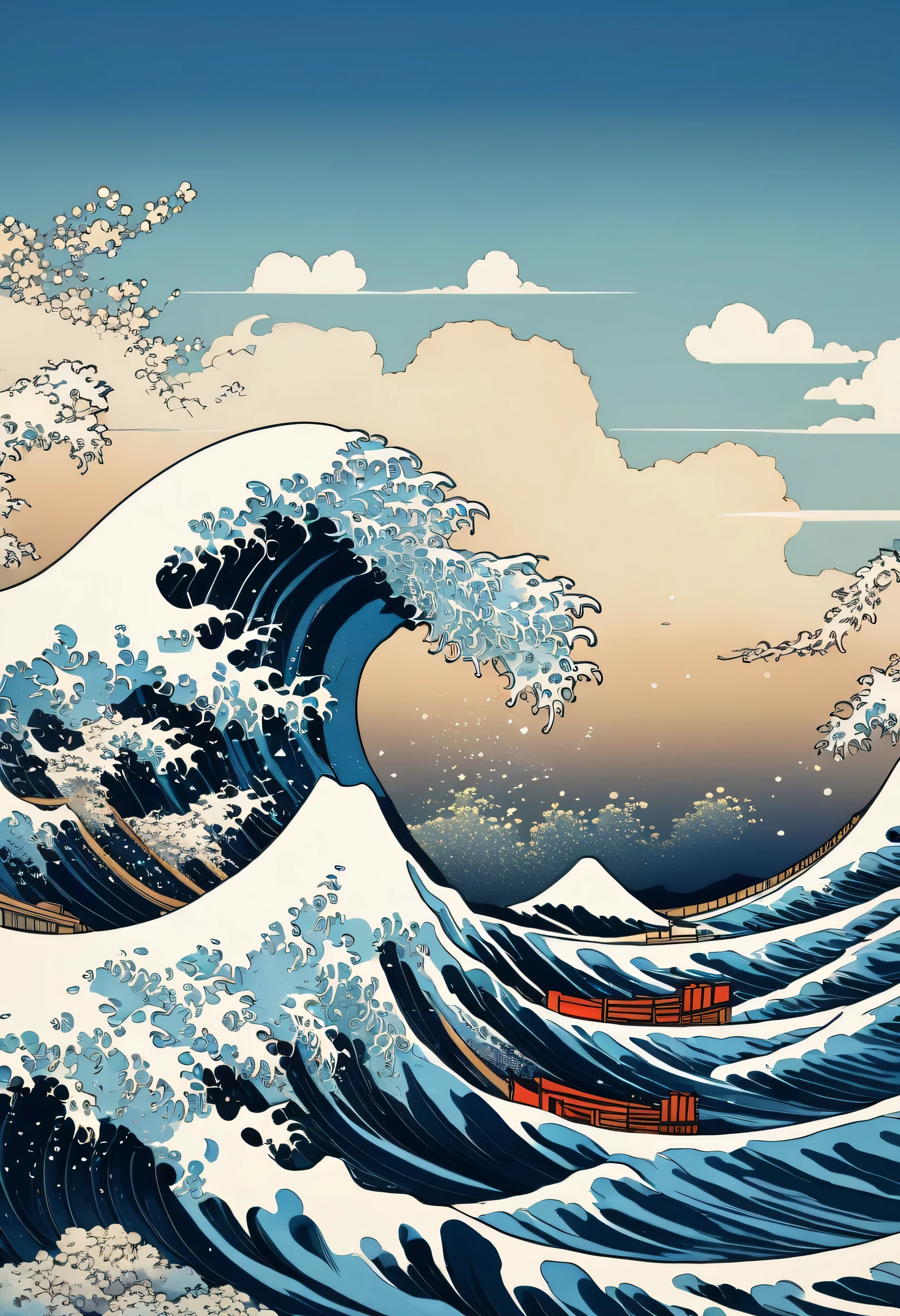 Arabic numerals image of waves with sky background, big waves of hokusai, the big waves off kanagawa, big waves off kanagawa, Katsuchikainspired by Hokusai, big waves, inspired by Hokusai, inspired by Katsushika Hokusai, Hokusai style, katsushika Hokusai style