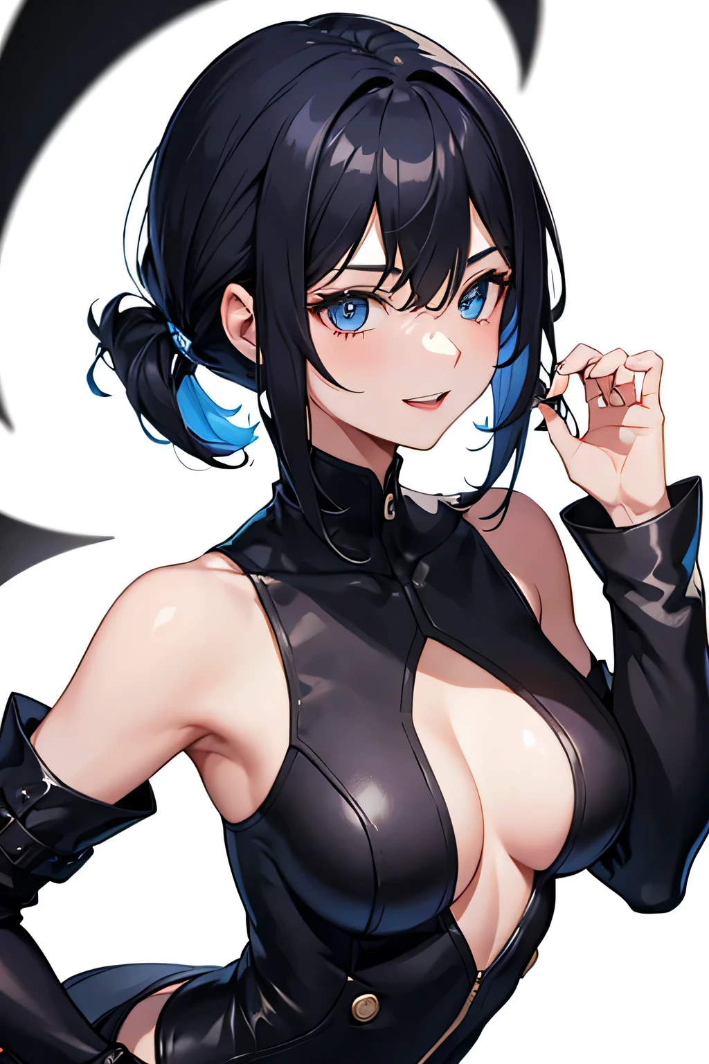 1girl,suit,blue eyes,black hair,mullet haircut,medium tits,happy expression,white background
