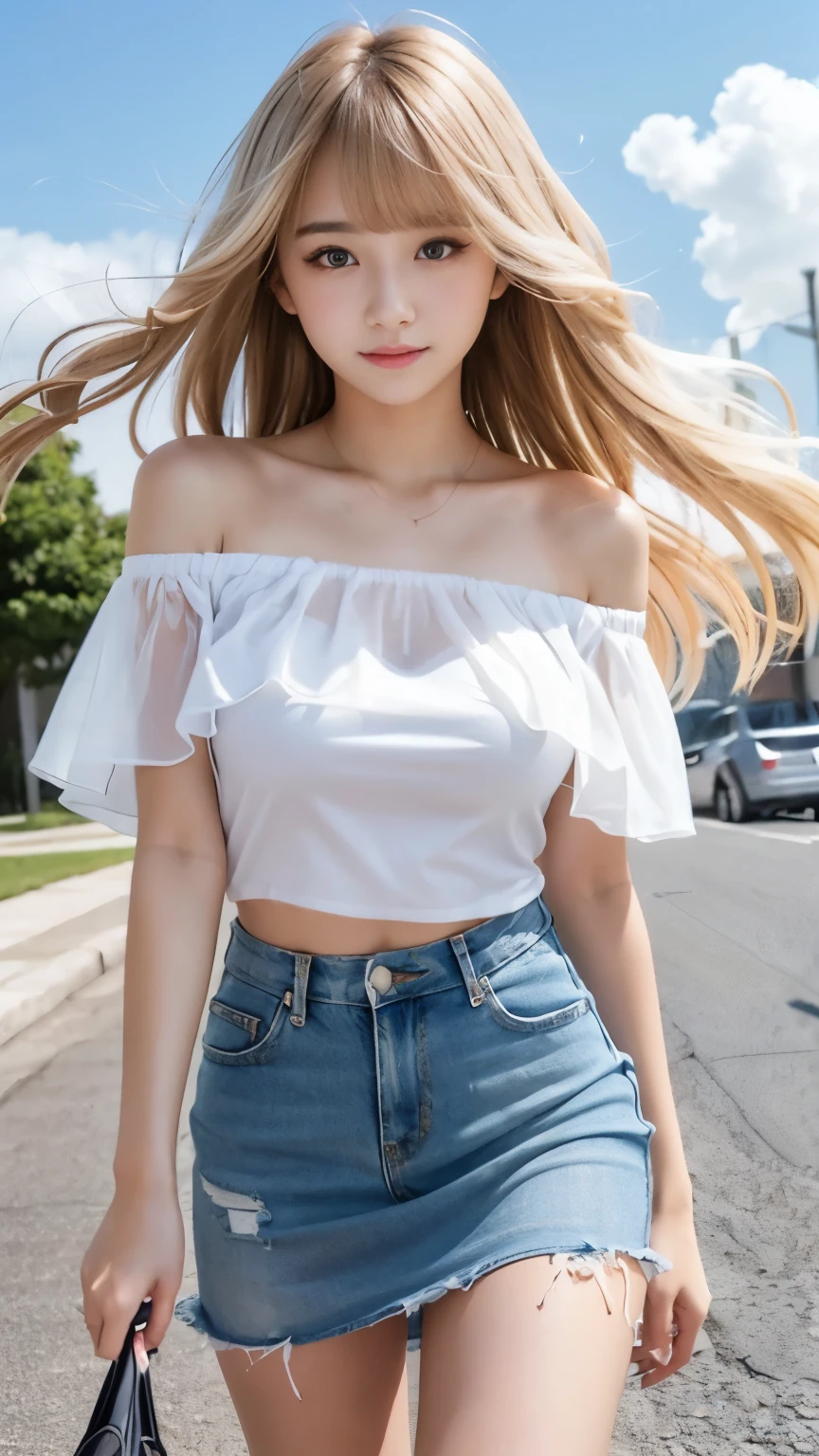sexy big breasts、Sexy cute looks and cute 15 year old beautiful girl, Beautiful and sexy face、The strong wind blows the hair in front of my face、Beautiful blonde medium wavy hair with cute and sexy eyes hidden by long bangs、Off-the-shoulder t-shirt、Tulle miniskirt