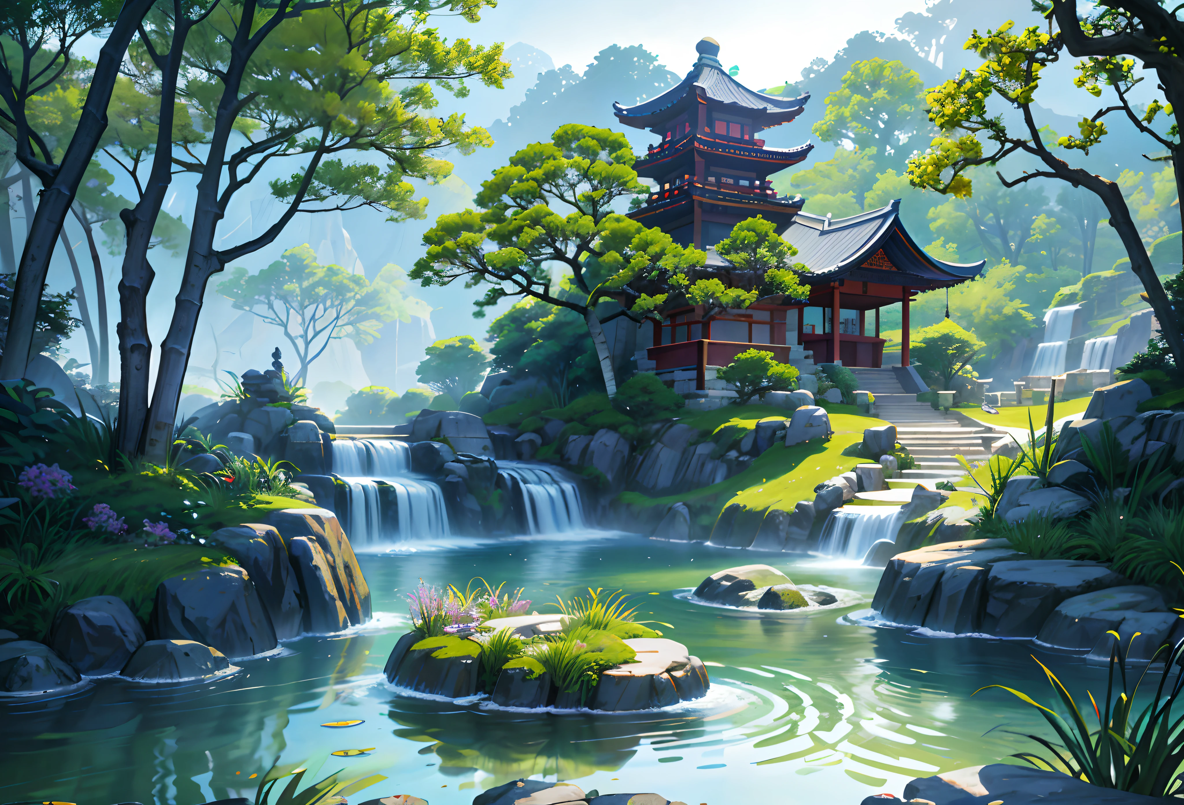 Ancient Chinese architecture, cool colors, dark night, moon, garden, bamboo, lake, stone bridge, rockery, arch, corner, tree, running water, landscape, outdoor, waterfall, grass, rock, dense fog, (Illustration: 1.0) , Epic Composition, HD Details, Masterpiece, Best Quality, (Very Detailed CG Unity 8k Wallpapers) --v 6