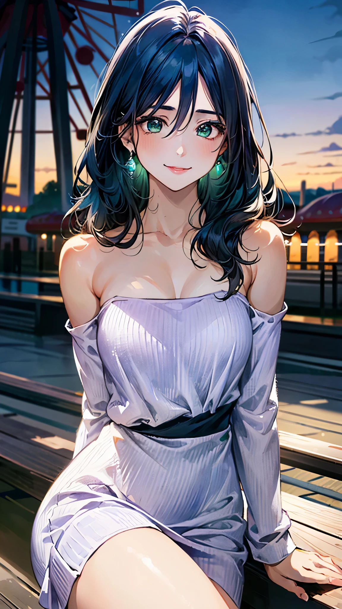 (masterpiece:1.3, top-quality, ultra high res, ultra detailed), (realistic, photorealistic:1.4), beautiful illustration, perfect lighting, natural lighting, colorful, depth of fields, ,
beautiful detailed hair, beautiful detailed face, beautiful detailed eyes, beautiful clavicle, beautiful body, beautiful chest, beautiful thigh, beautiful legs, beautiful fingers,
looking at viewer, 1 girl, japanese, high school girl, (perfect anatomy, anatomically correct), cute and symmetrical face, babyface, perfect face, perfect eyes, shiny skin, slender,
(long hair:1.7, wavy hair:0.8, blue hair), antenna hair, hair between eyes, emerald green eyes, long eye lasher, (large breasts:0.8, seductive thighs),
((long sleeve light purple knit dress, black tube top)),
(beautiful scenery), summer, evening, (school), (lovely smile, upper eyes),