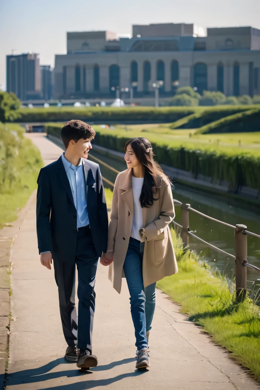 A and a 17-year-old boy、Walking beside the river。illustration style
