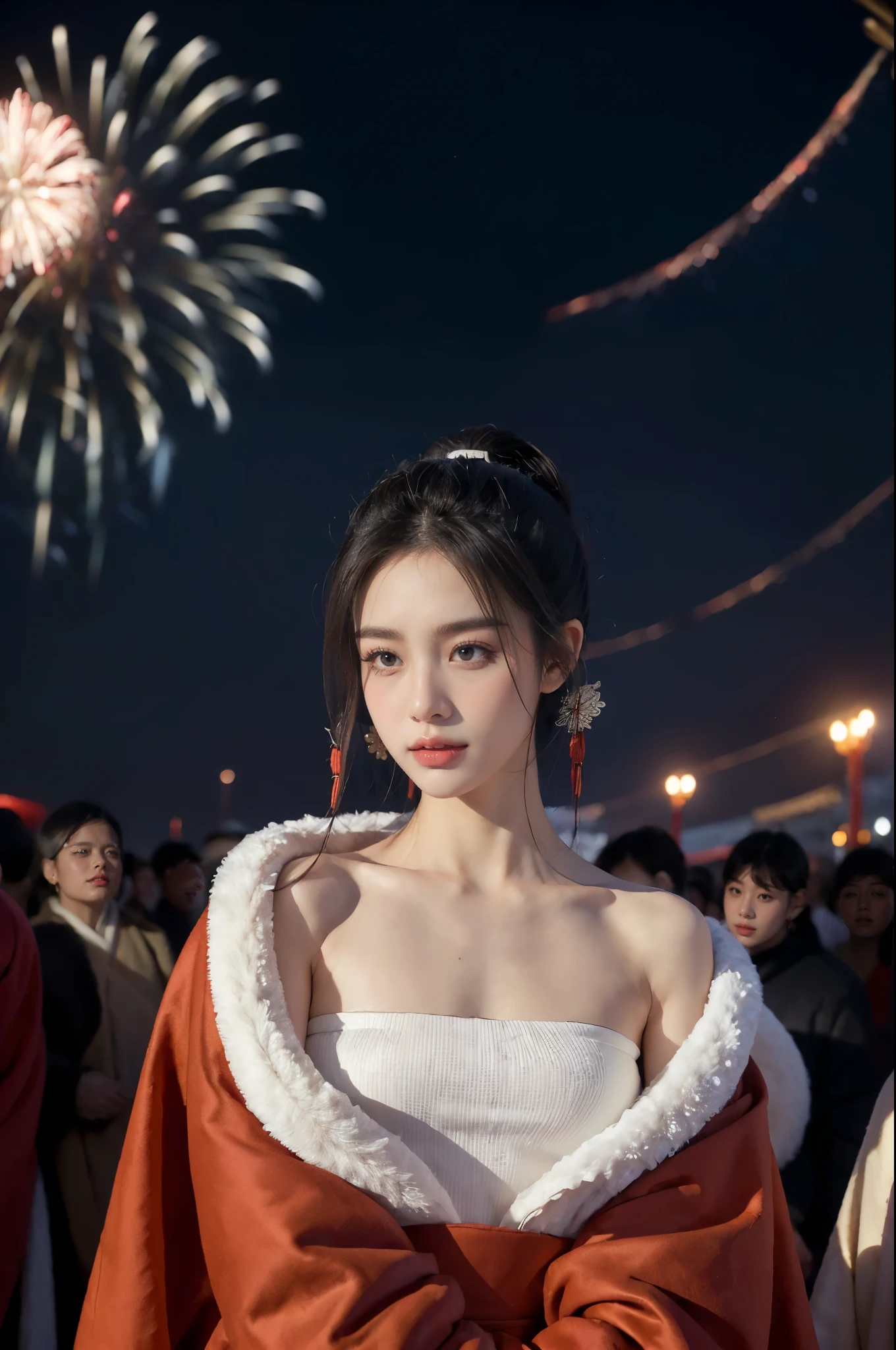 ((((8k))),((Extremely meticulous CG)) ,(wallpaper),16k,((Extremely refined and beautiful)),(((Masterpiece))),(((best qualtiy))),(((Ultra High Resolution))),beautiful light up,Perfect lightning,realistic shaded,[A high resolution],(Smooth and flawless fair skin:1.5),(pale skin:1.3),Extremely exquisite facial details,(perfect body:1.1),ultra-detailed,A beautiful girl,solo,(small head:1.2),(short ponytail:1.1),(small face:1.2),Exquisite makeup,(flat chests:1.2),((slim,thin)),happy,(laughing:1.2),(fur collar:1.2),(Gorgeous Exquisitely embroidered fur edged red hanfu robe:1.5),(red hakama:1.2),(night scene:1.3),(a bright full moon in the sky:1.5),(outdoor:1.2),(On the street:1.3),(In ancient Chinese town:1.3),(ablaze with lights:1.3),(buildings:1.3),(lanterns:1.2),(detailed background:1.5),(standing:1.3),(arms behind back:1.3),(upper body:1.3),(from front:1.3),(surrounded by crowded crowds:1.5),(winter:1.3),(fireworks in the sky:1.3)