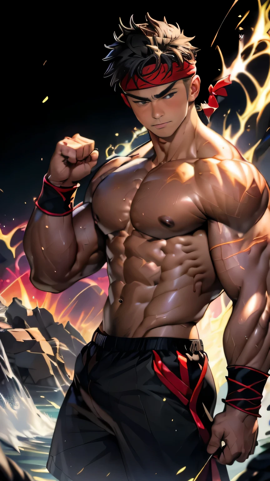 (Masterpiece, Best quality 19 year old boy, black background, shoot from front), solo, Young, boy, muscler, Shirtless, topless, (Dark Short straight hair, under cut), (red headband, ((black wristband))), Vivid colors, (hot Abs:1.2, abs!, big abs, big breast:1.2, chest!, muscler upper arms), (topless male), muscler!, muscler body, (aura power:1.4), detailed face, detailed muscle, (((A magical mystical aura, random pose, powerful, action, rippling muscles, fighting with enemy)))